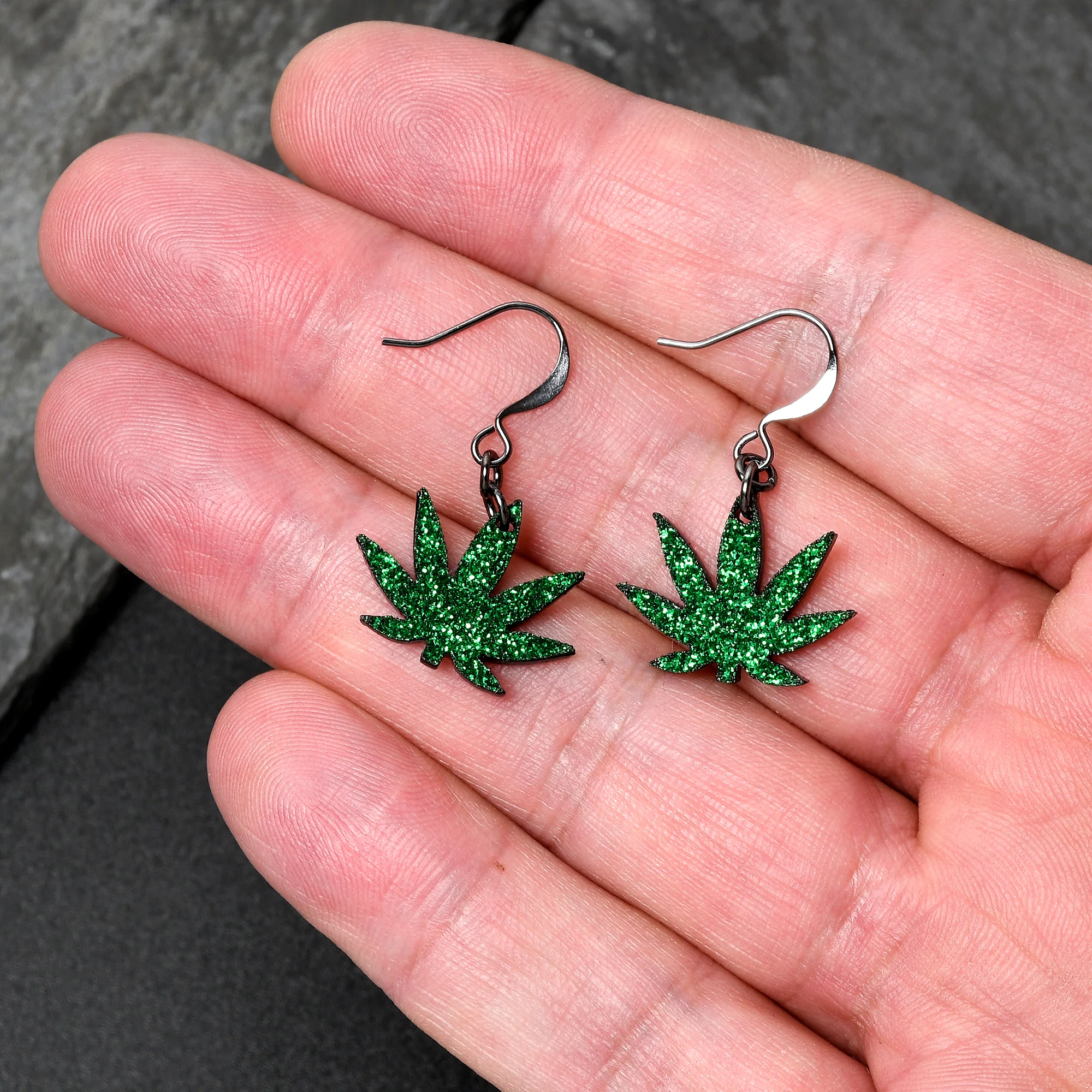 Green Glitter Marijuana Pot Leaf Dangle Earrings - Image 2
