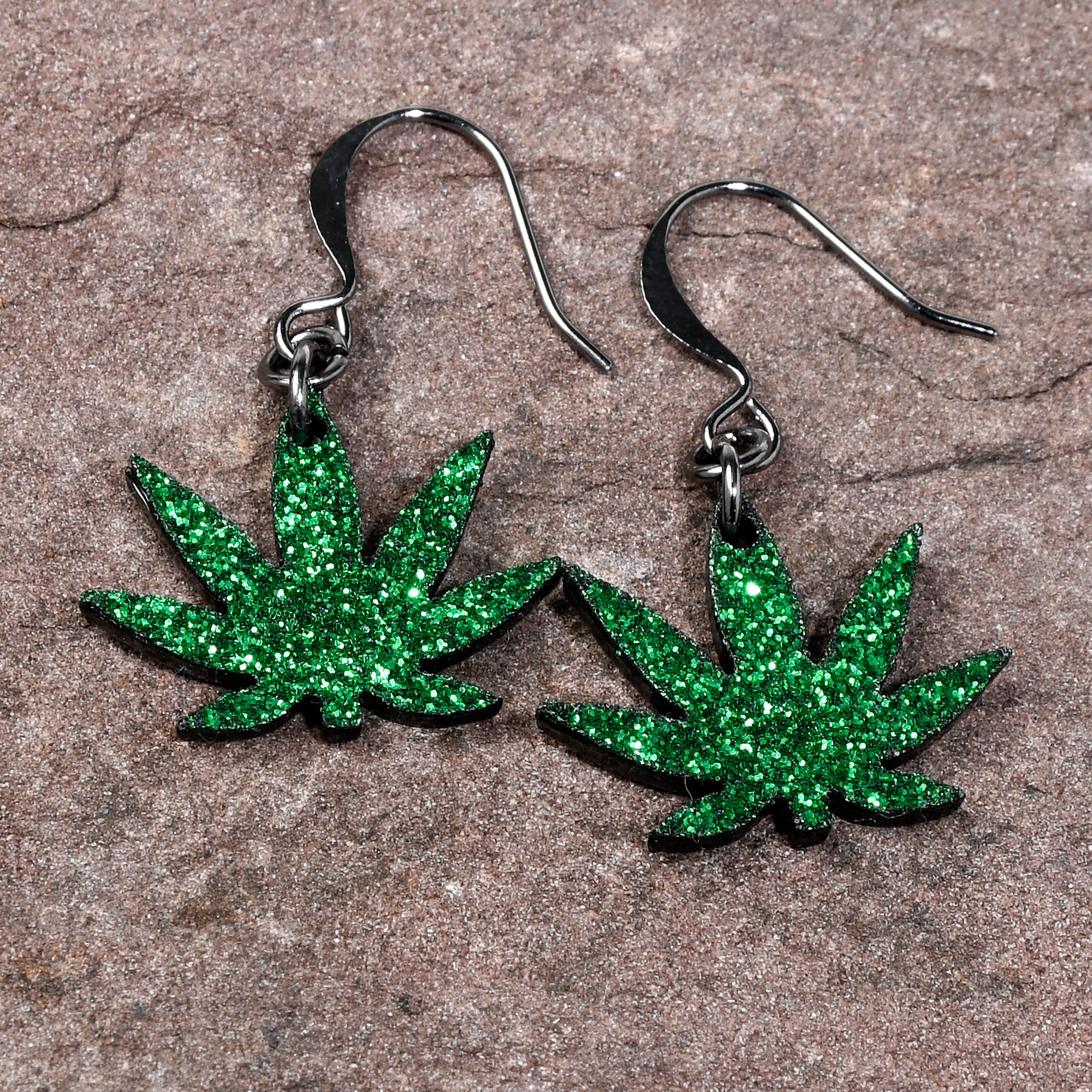 Green Glitter Marijuana Pot Leaf Dangle Earrings - Image 5