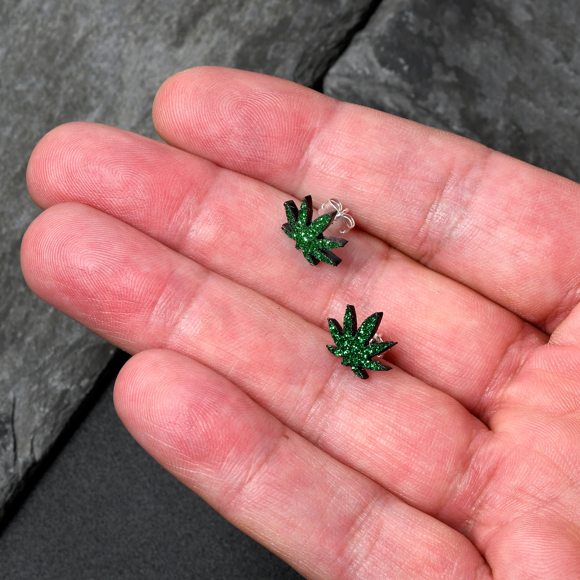 Green Glitter Marijuana Pot Leaf Stud Earrings - Image 2