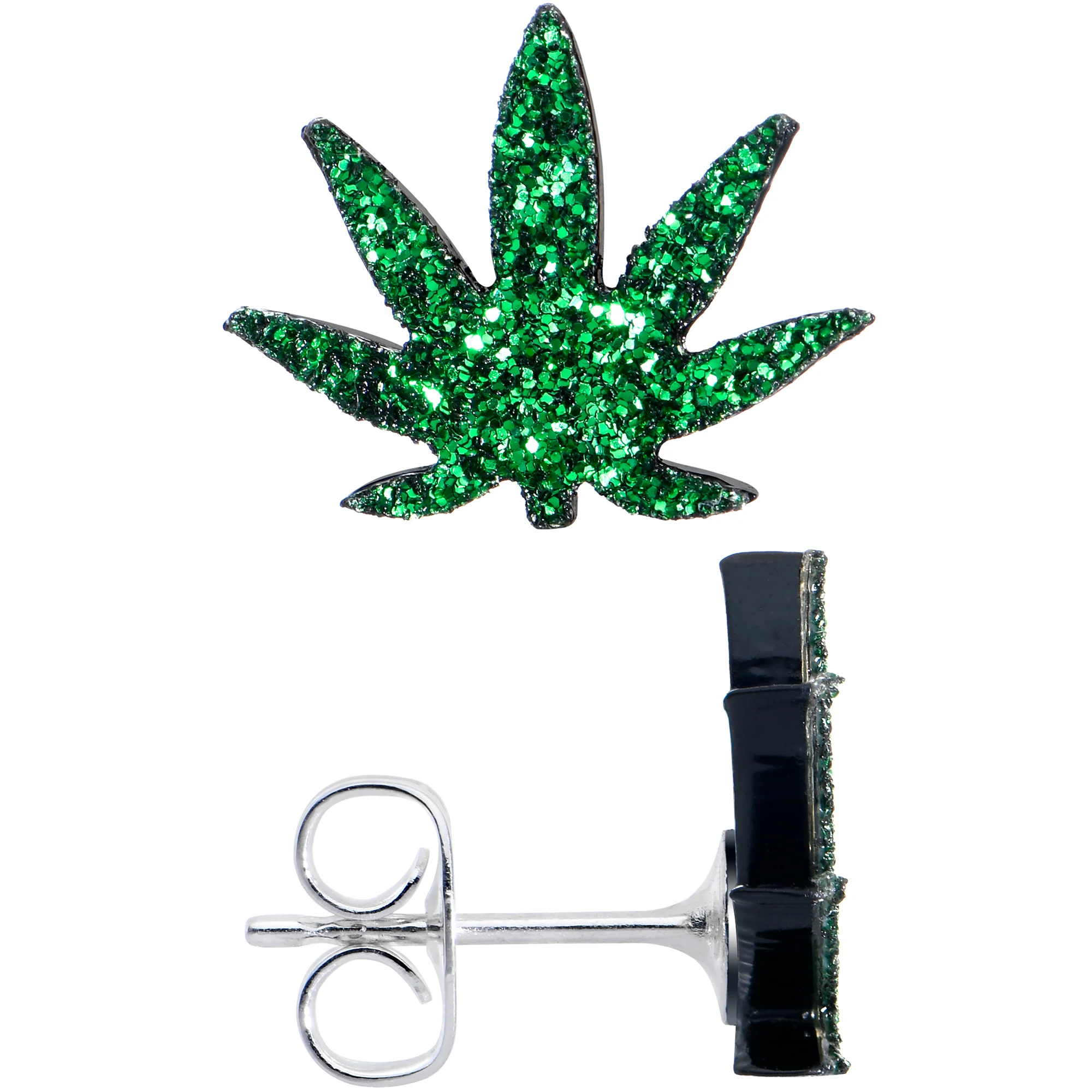 Green Glitter Marijuana Pot Leaf Stud Earrings - Image 3