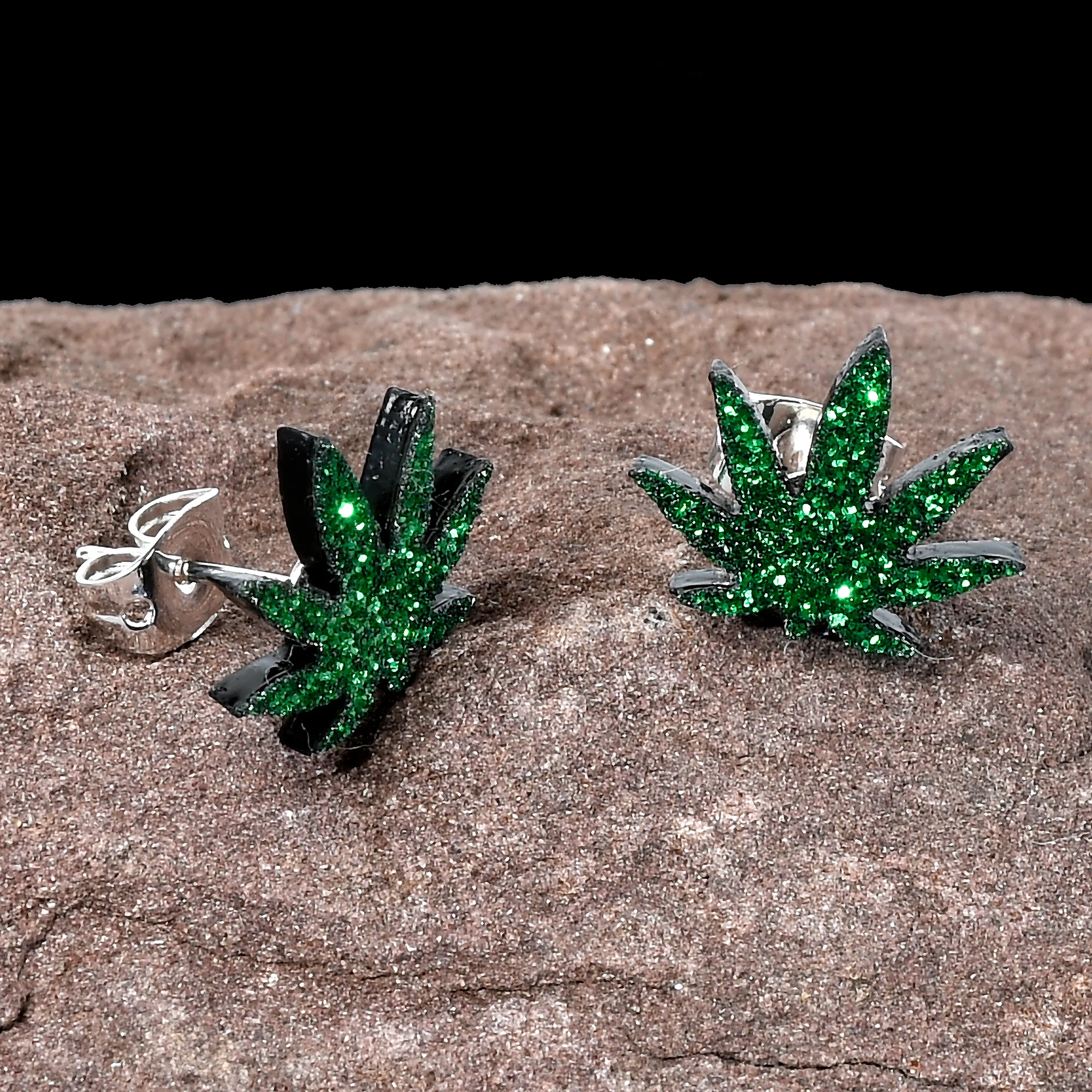 Green Glitter Marijuana Pot Leaf Stud Earrings - Image 6