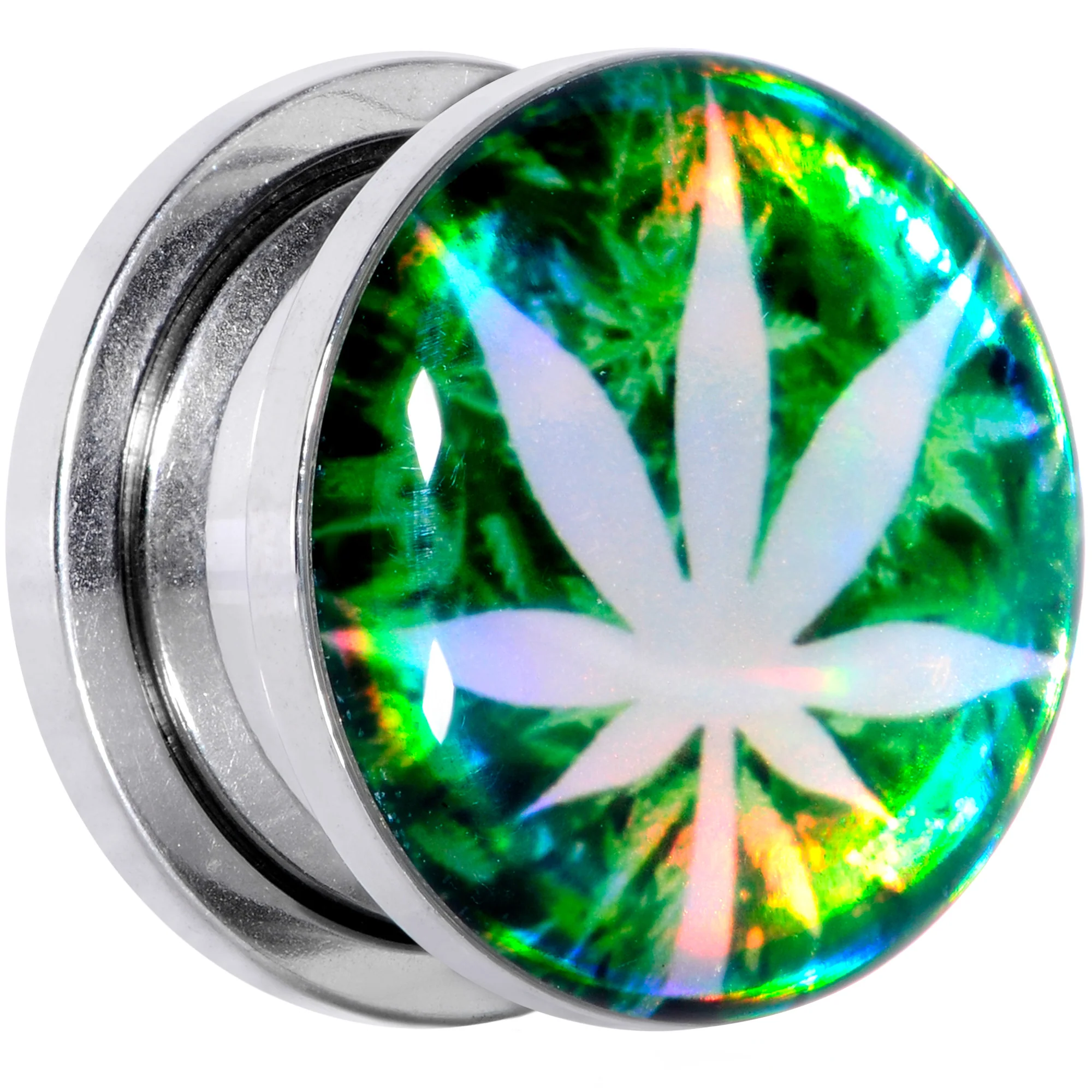 Green Hologram Marijuana Weed Leaf Screw Fit Plug Set 6G to 1 Inch - Image 3