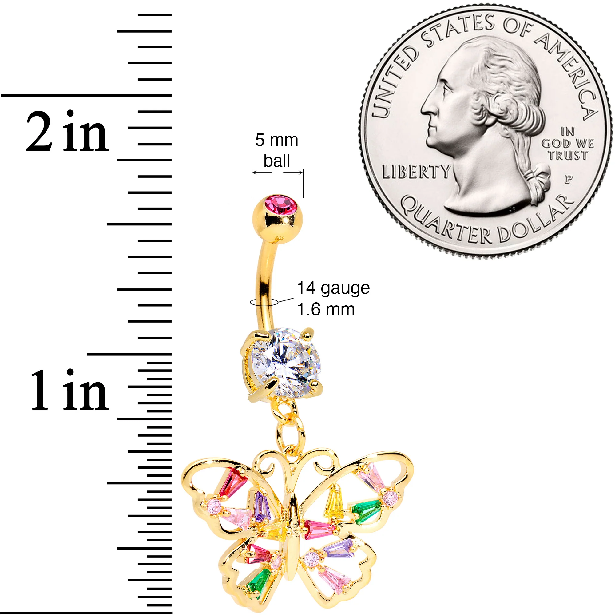 Green Pink Red CZ Gem Gold Tone Spring Butterfly Dangle Belly Ring - Image 2