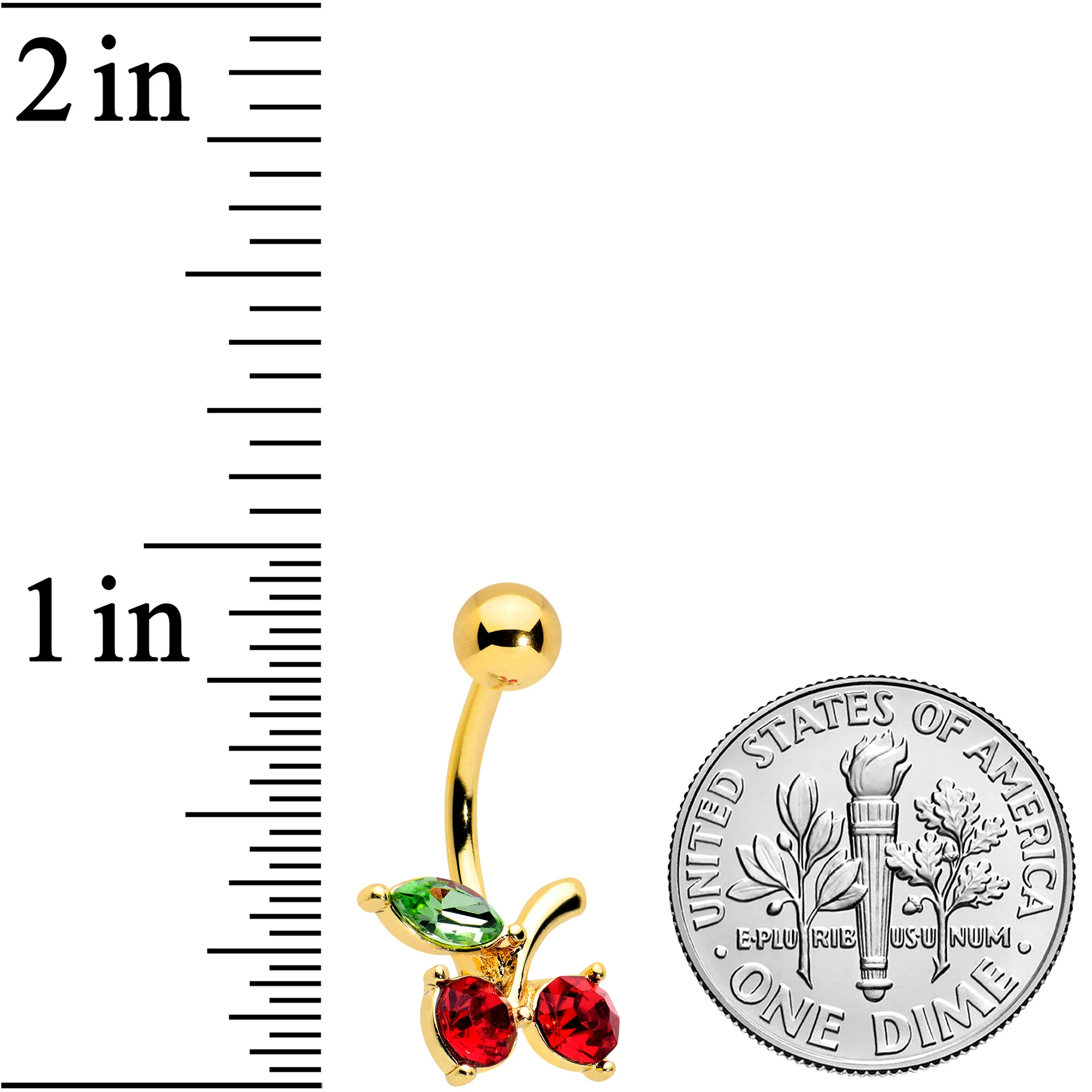 Green Red Gem Gold Tone Tasty Cherry Fruit Belly Ring - Image 2