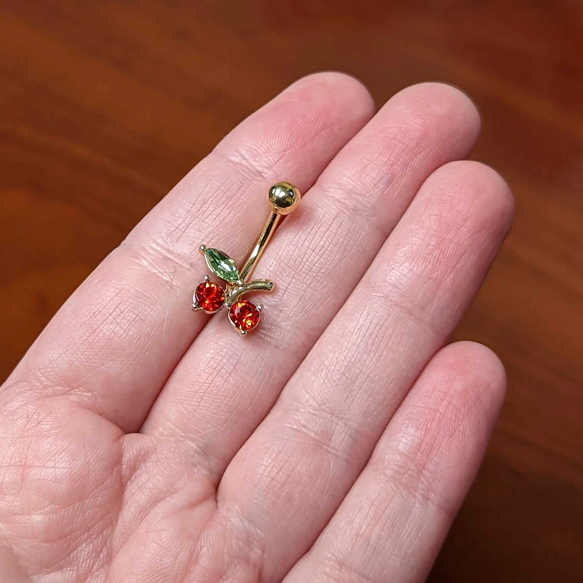 Green Red Gem Gold Tone Tasty Cherry Fruit Belly Ring - Image 3