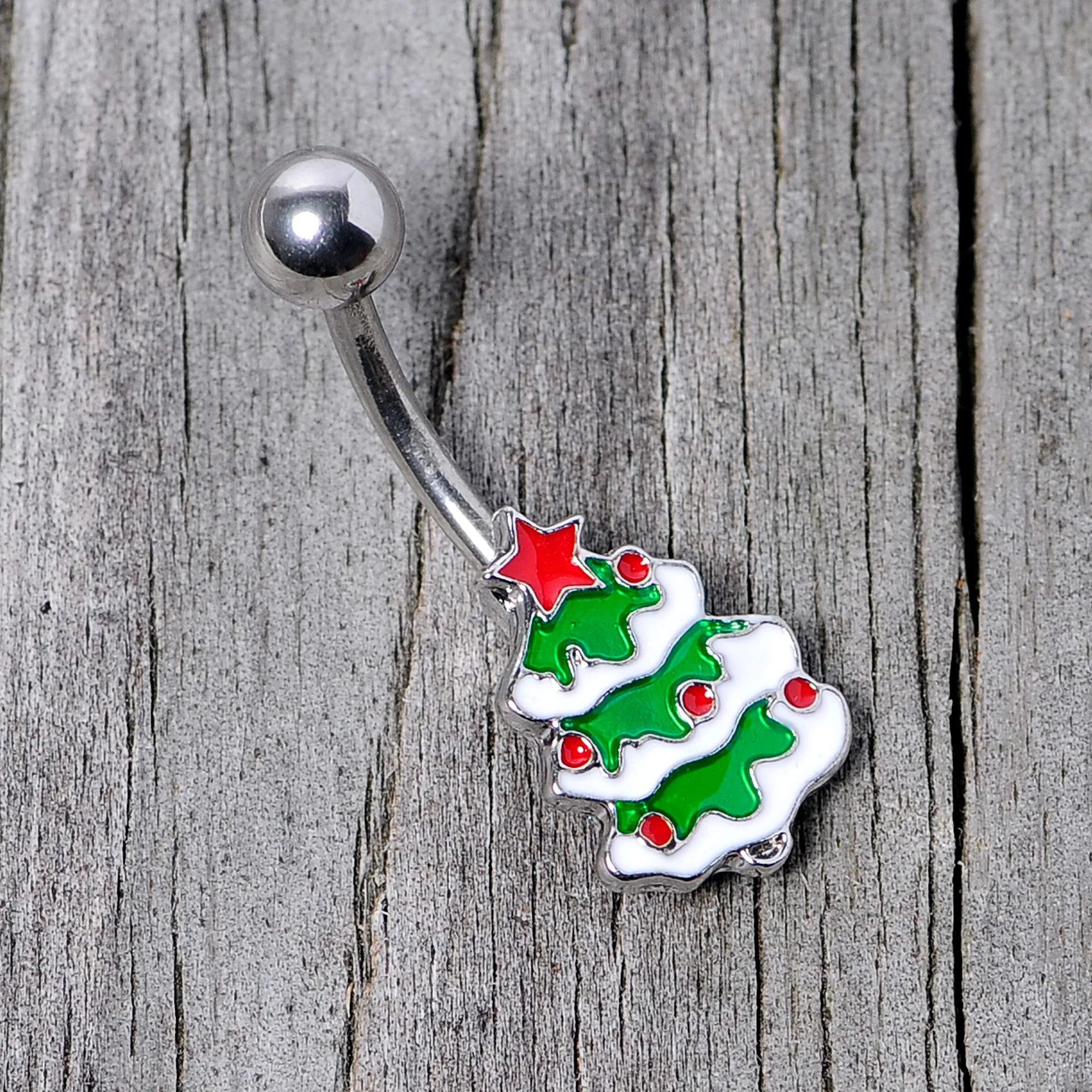 Green Red White Christmas Tree Holiday Belly Ring - Image 4