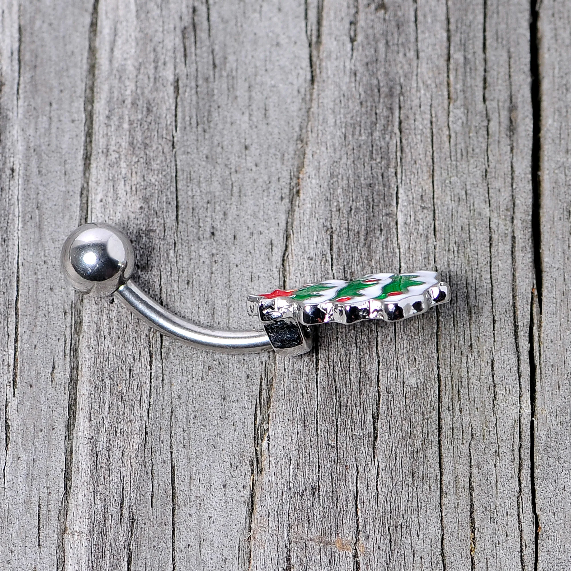 Green Red White Christmas Tree Holiday Belly Ring - Image 5