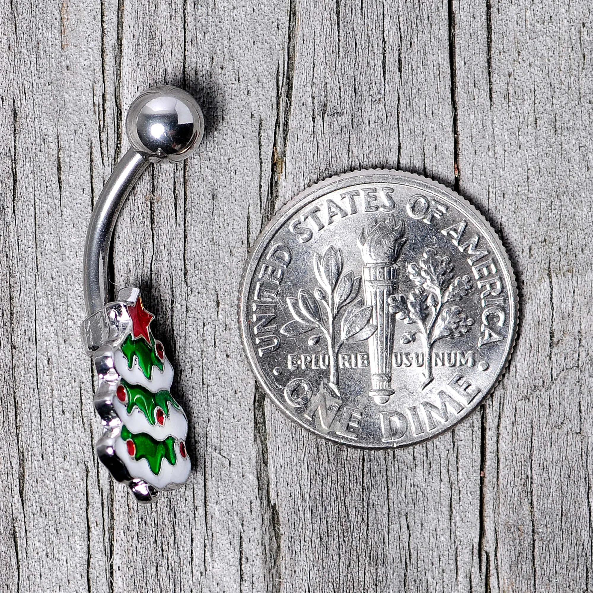 Green Red White Christmas Tree Holiday Belly Ring - Image 6