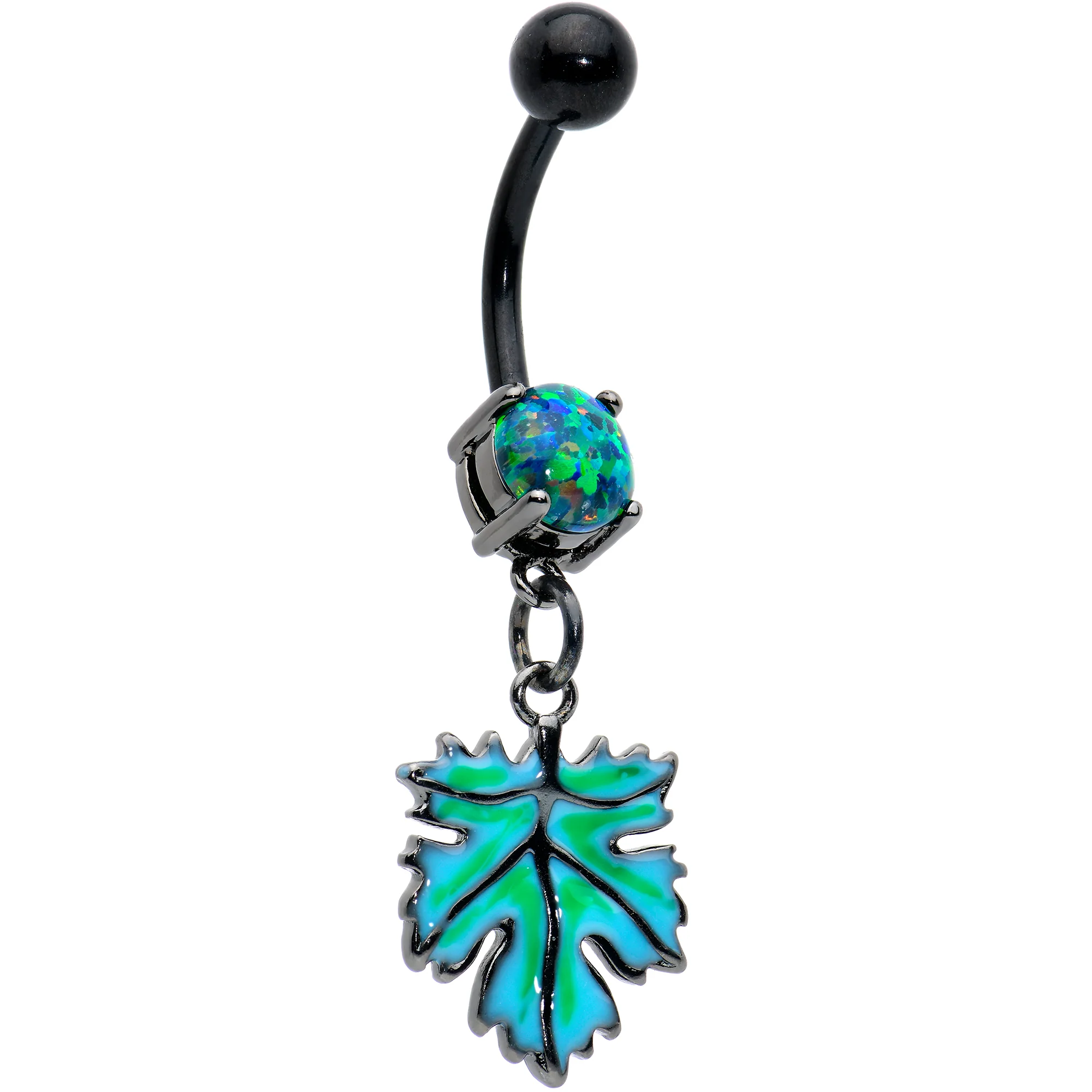 Green Synthetic Opal Black Fall Green Leaf Dangle Belly Ring - Image 3
