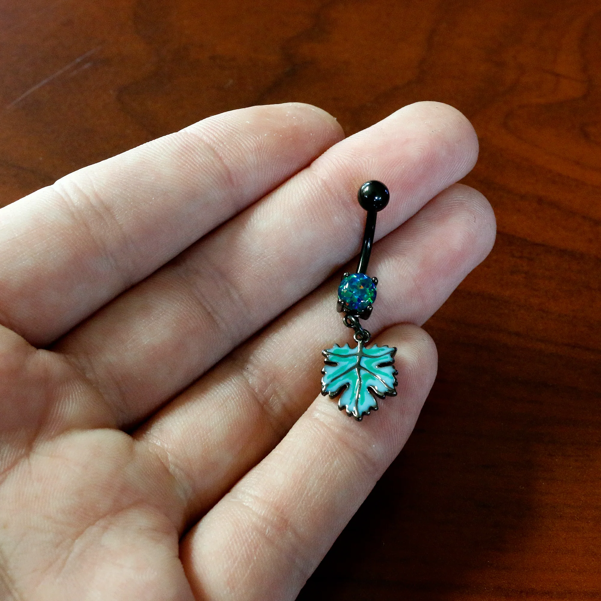 Green Synthetic Opal Black Fall Green Leaf Dangle Belly Ring - Image 6