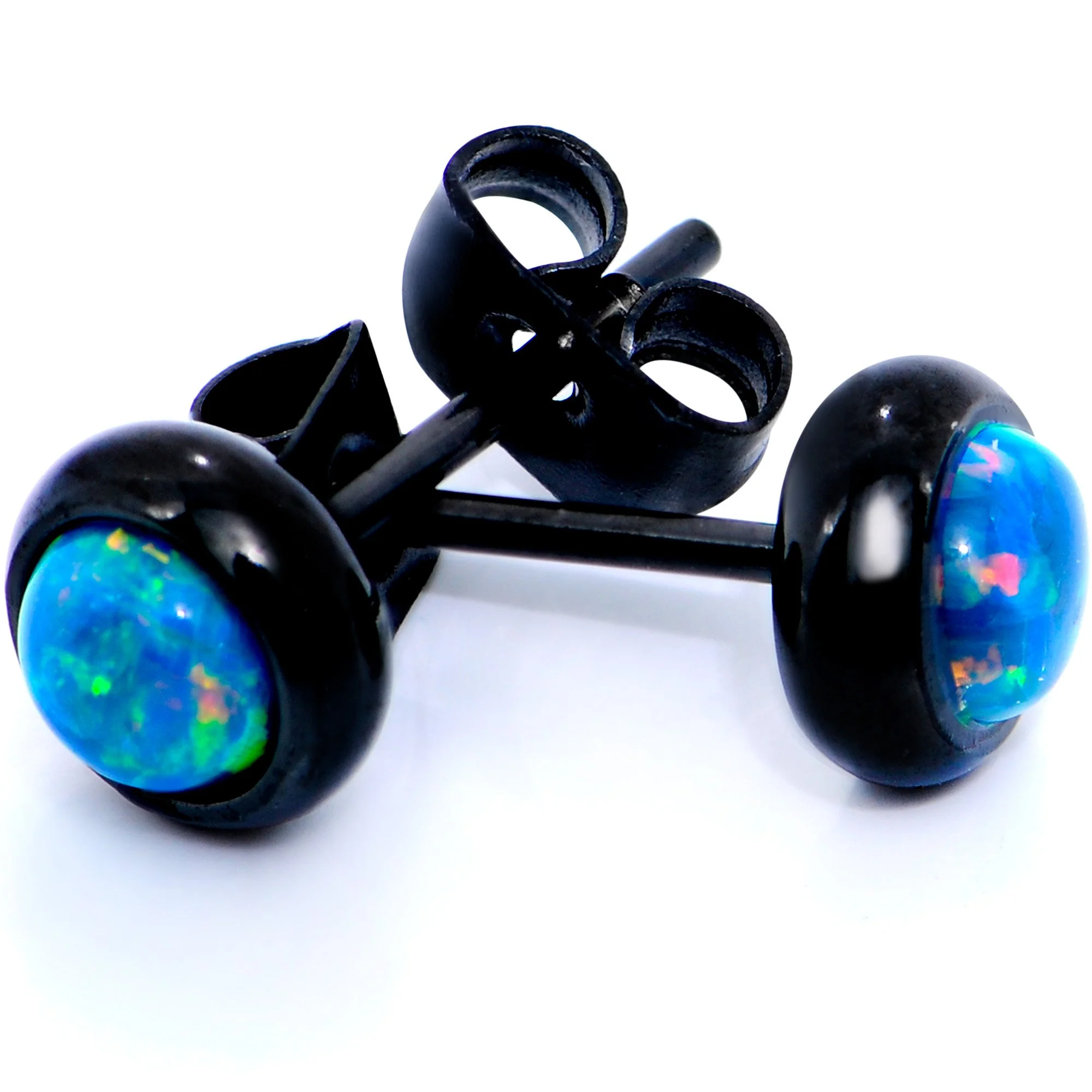 Green Synthetic Opal Black IP 316L Surgical Steel Stud Earrings - Image 2