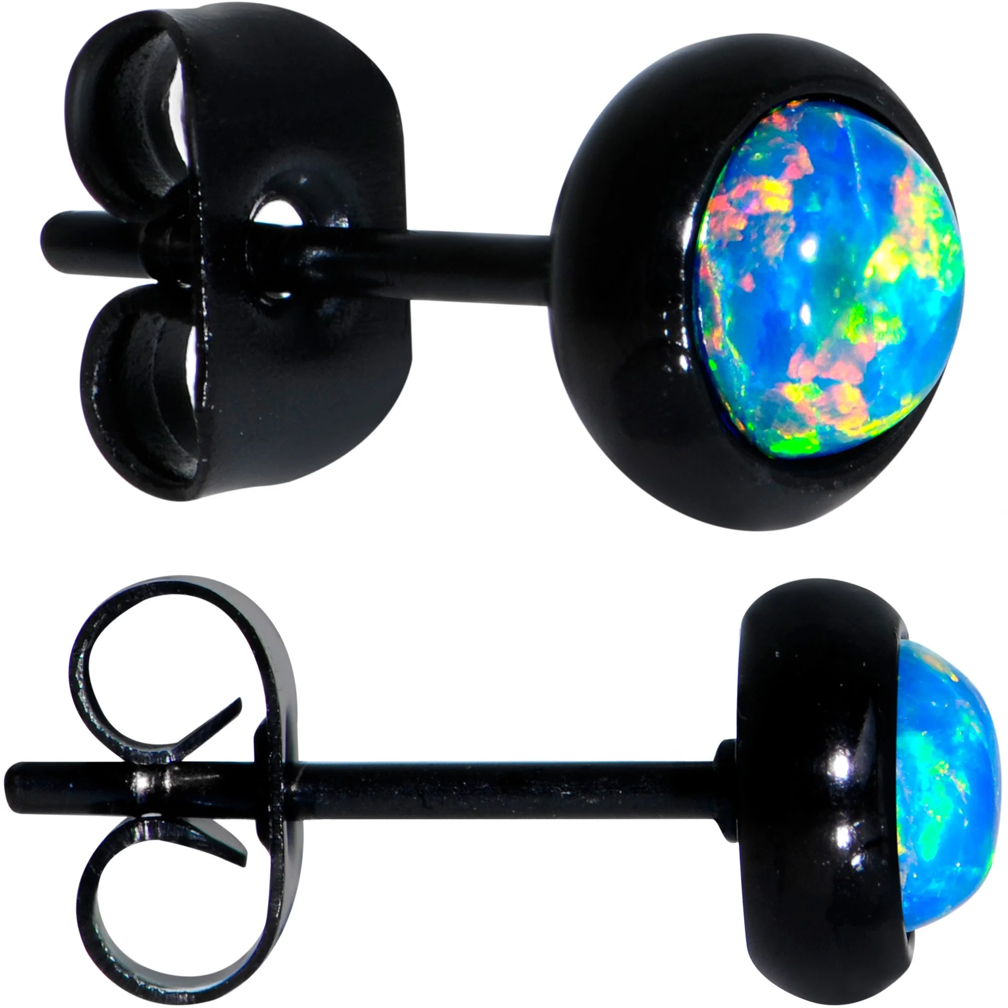 Green Synthetic Opal Black IP 316L Surgical Steel Stud Earrings - Image 4