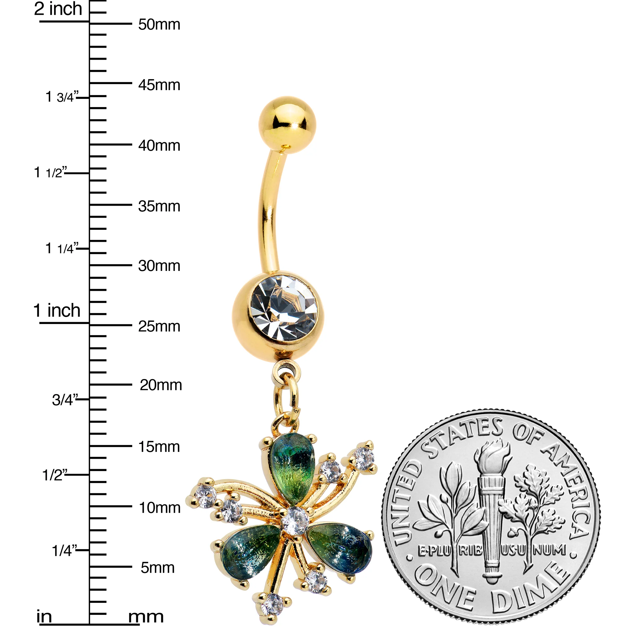 Green Tourmaline Gold Tone Spray St Patricks Day Dangle Belly Ring - Image 2