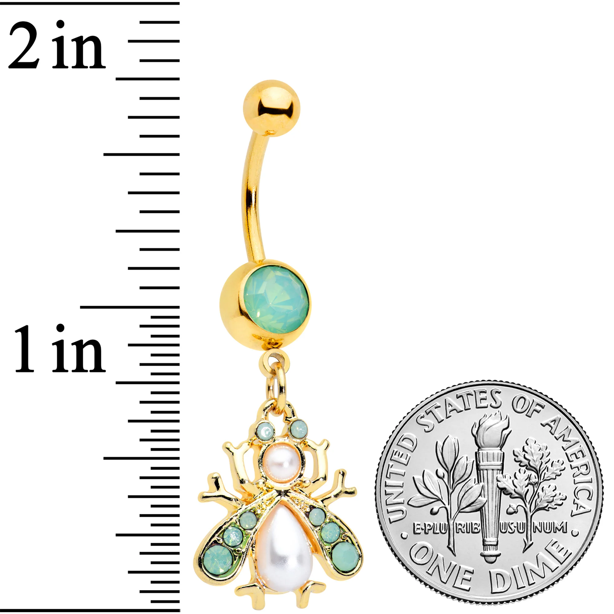 Green White Pearlescent Gem Gold Tone Snow Bug Dangle Belly Ring - Image 2