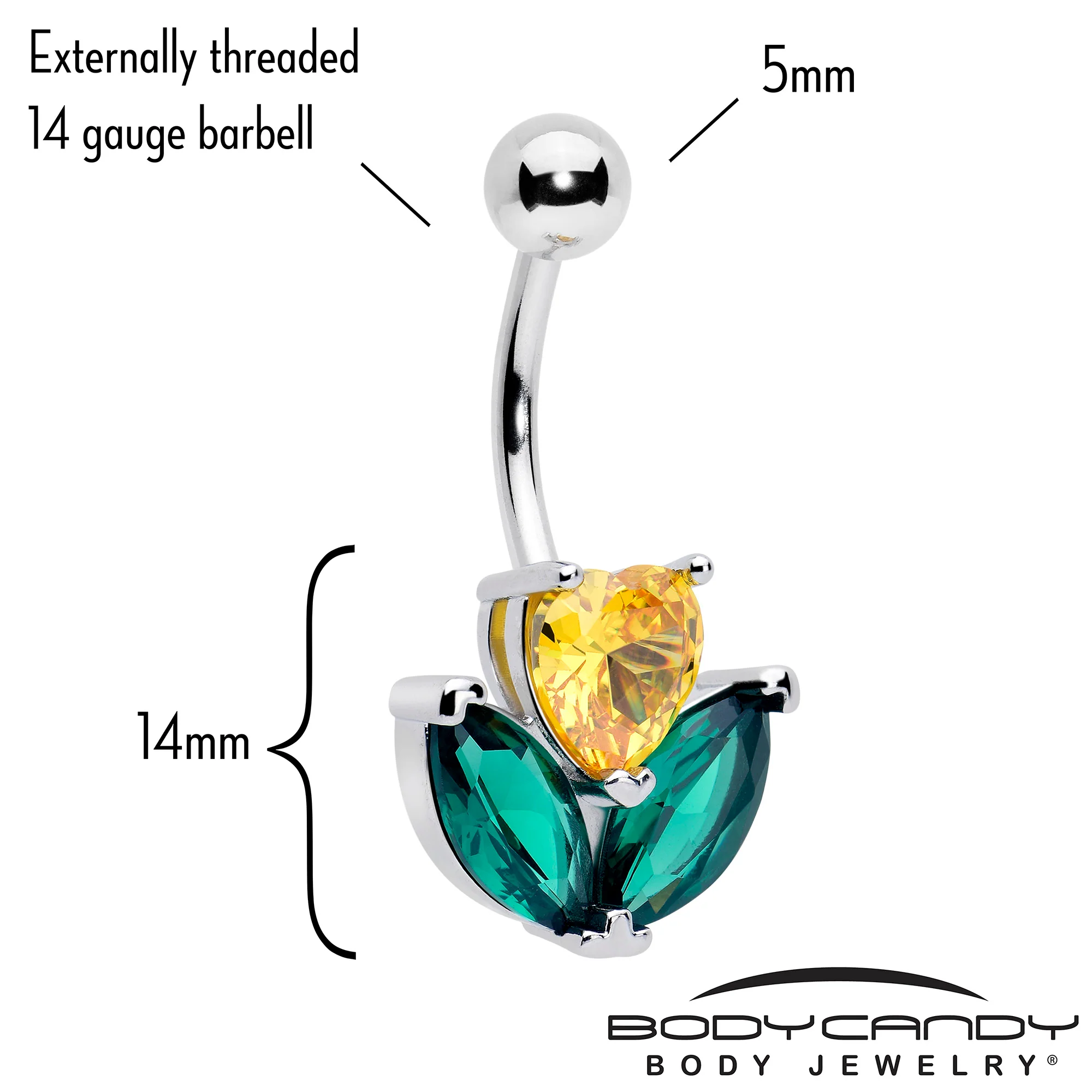 Green Yellow CZ Gem Love Flower Belly Ring - Image 2