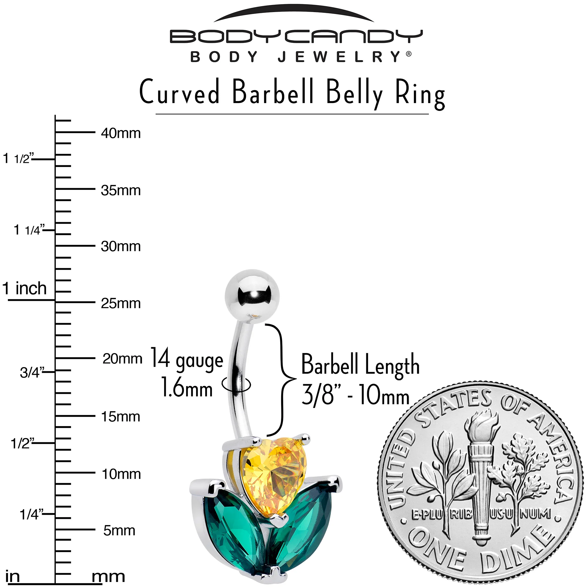 Green Yellow CZ Gem Love Flower Belly Ring - Image 3
