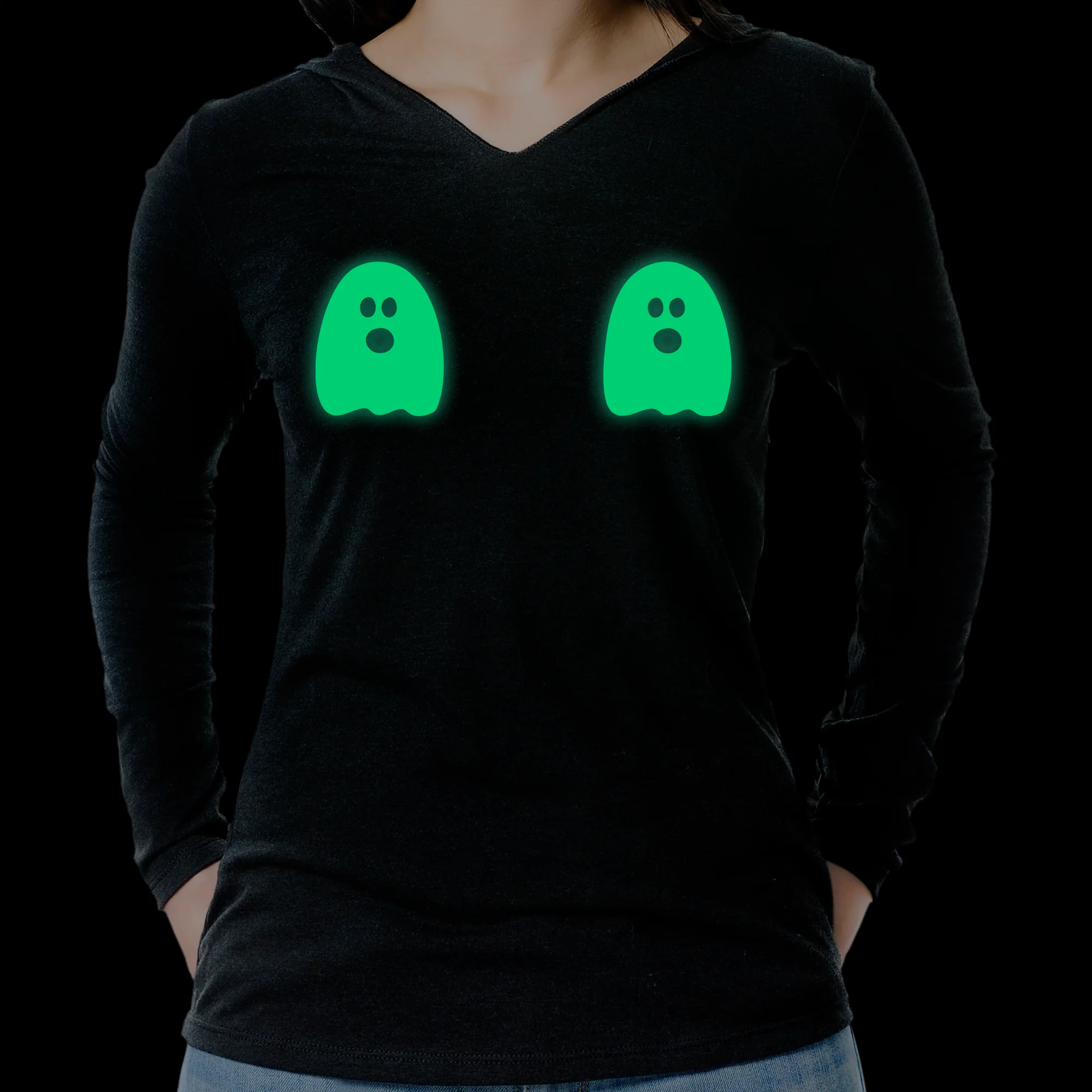 Halloween Glow in the Dark Ghost Boobies Tee Tapered Long Sleeve Hoodie - Image 3