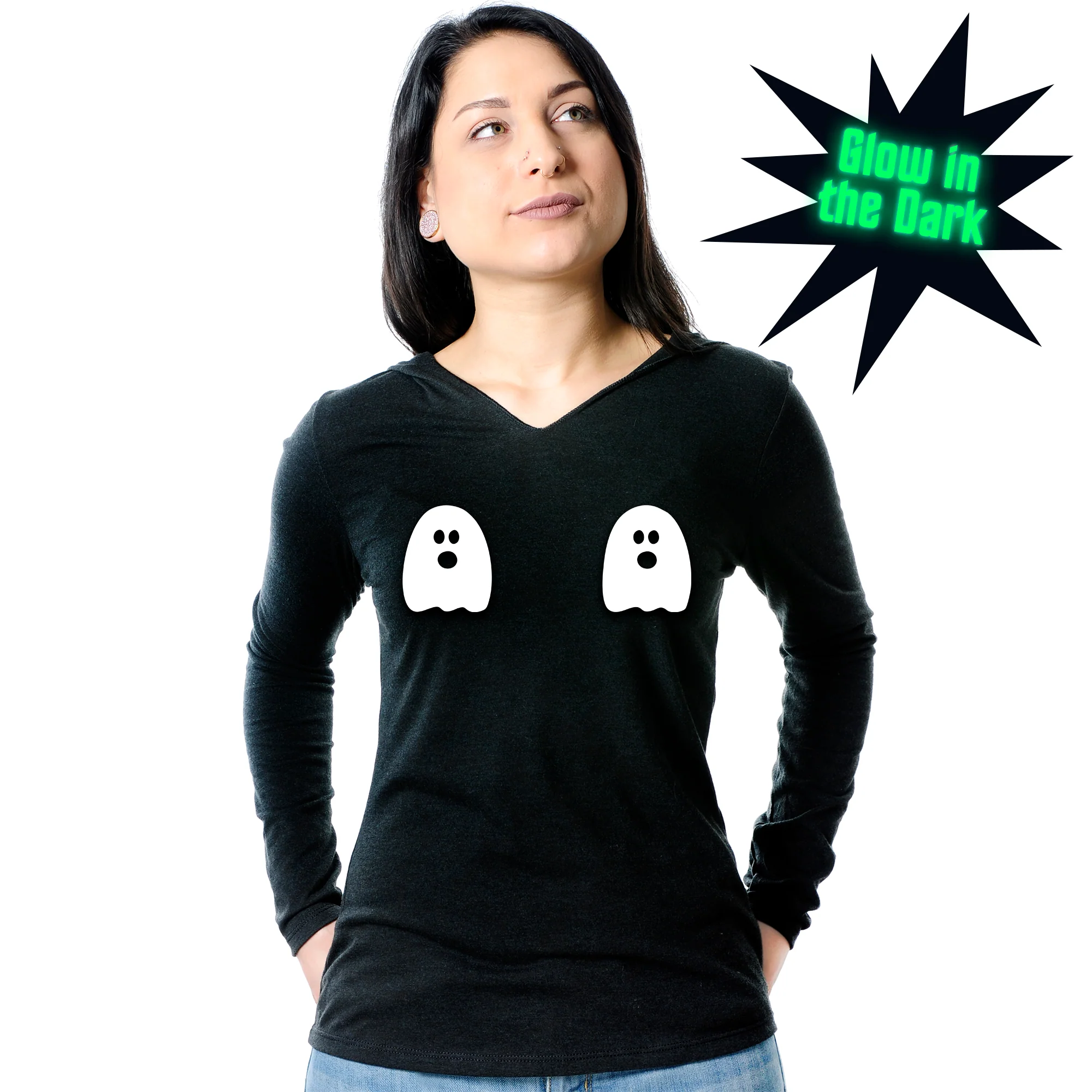 Halloween Glow in the Dark Ghost Boobies Tee Tapered Long Sleeve Hoodie - Image 4