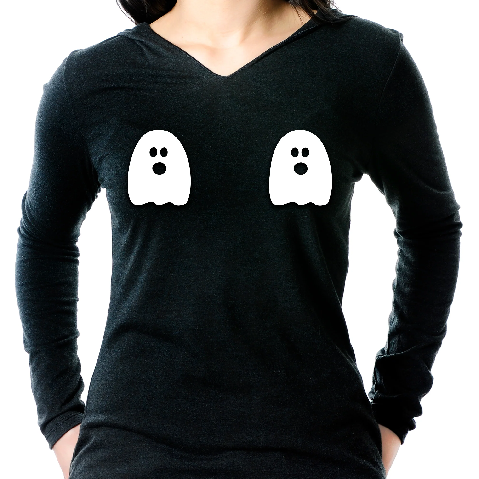 Halloween Glow in the Dark Ghost Boobies Tee Tapered Long Sleeve Hoodie - Image 7