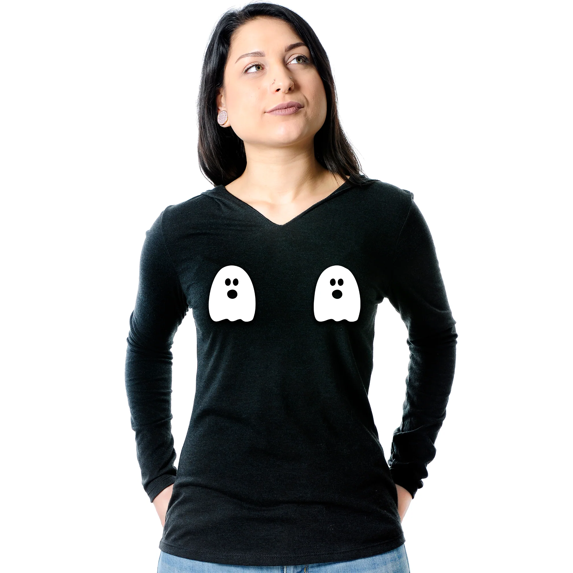 Halloween Glow in the Dark Ghost Boobies Tee Tapered Long Sleeve Hoodie - Image 8