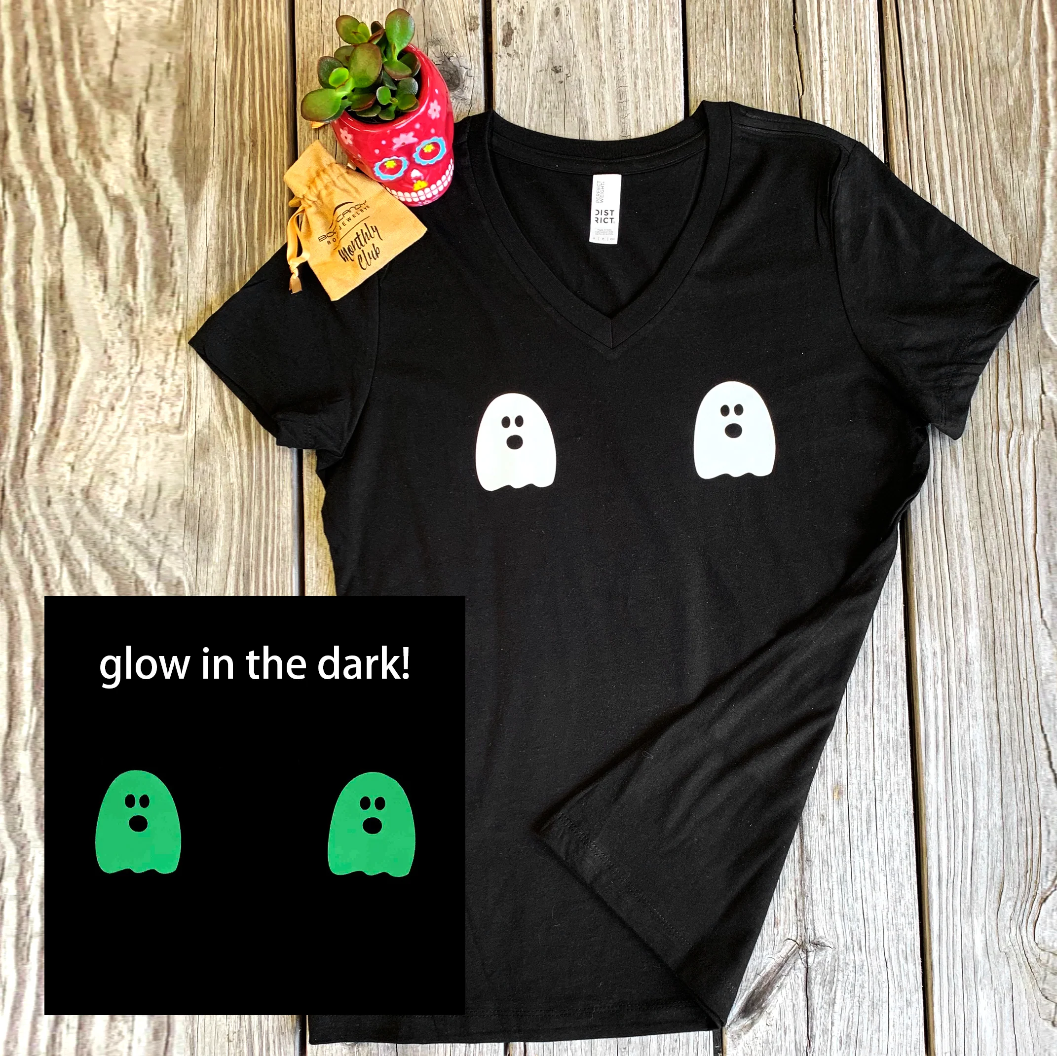 Halloween Glow in the Dark Ghost Boobies Tee V-Neck Tee Shirt 100% Cotton - Image 2