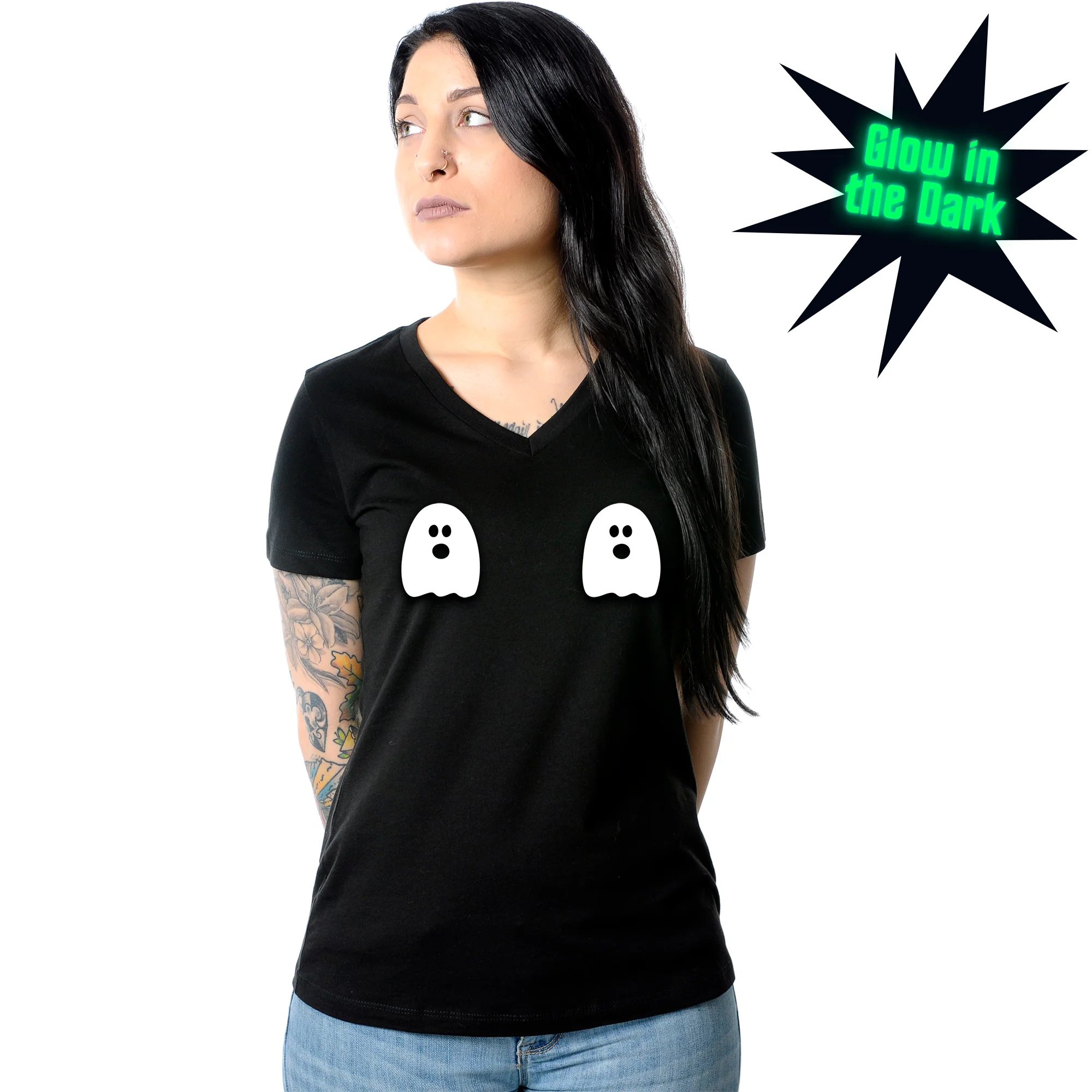 Halloween Glow in the Dark Ghost Boobies Tee V-Neck Tee Shirt 100% Cotton - Image 3