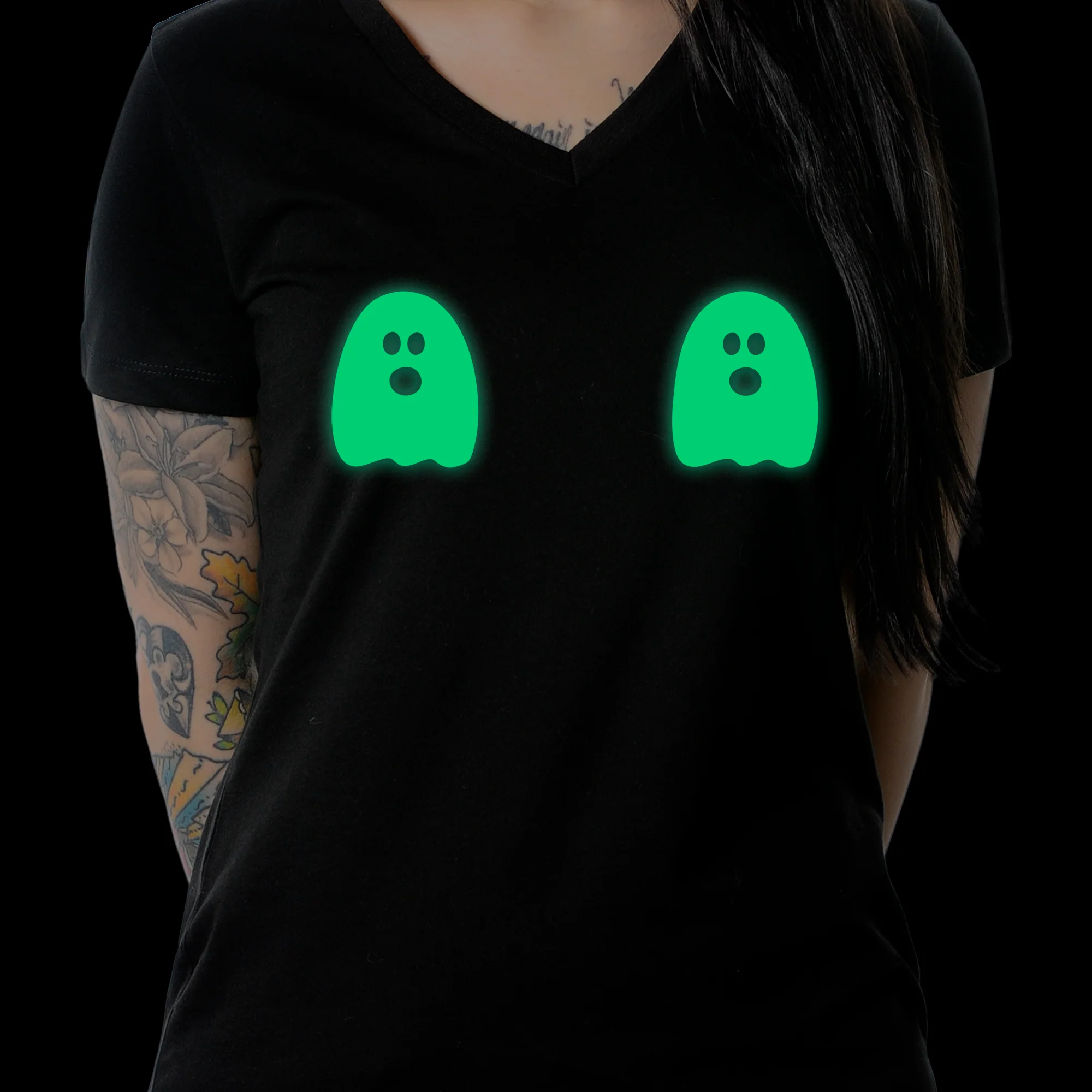 Halloween Glow in the Dark Ghost Boobies Tee V-Neck Tee Shirt 100% Cotton - Image 4
