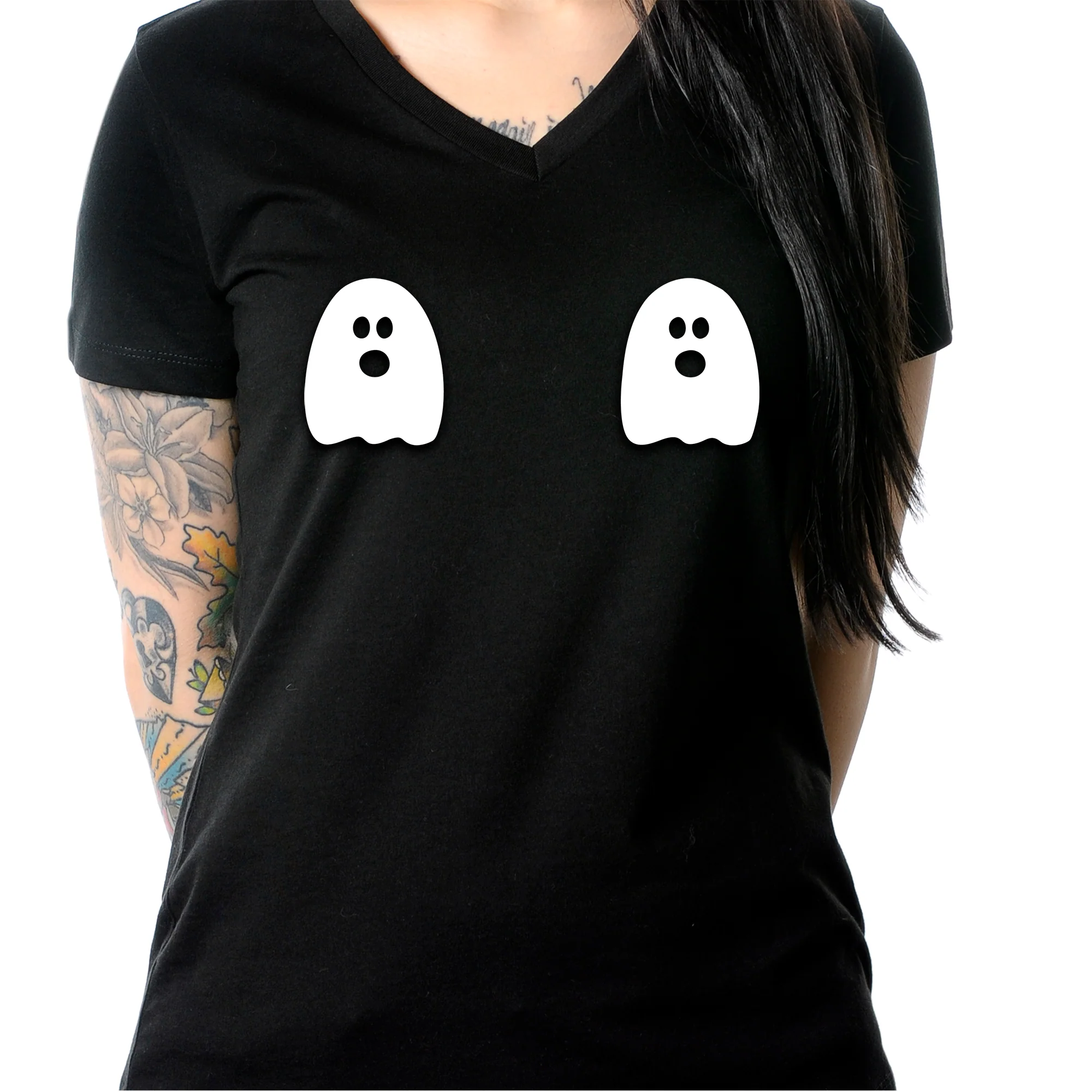 Halloween Glow in the Dark Ghost Boobies Tee V-Neck Tee Shirt 100% Cotton - Image 7