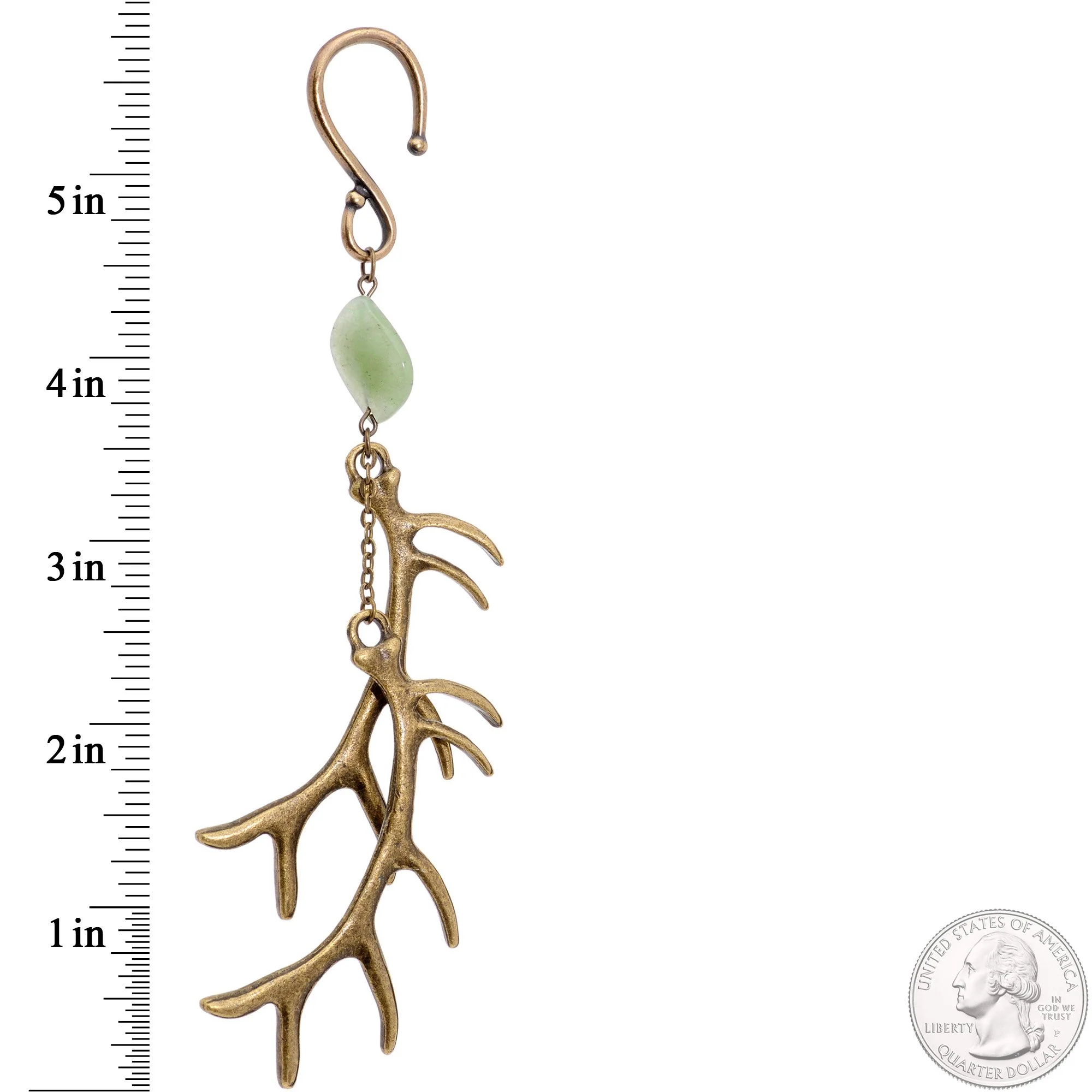 Handcrafted Antique Brass Plated Green Aventurine Antler Ear Weights - Image 2