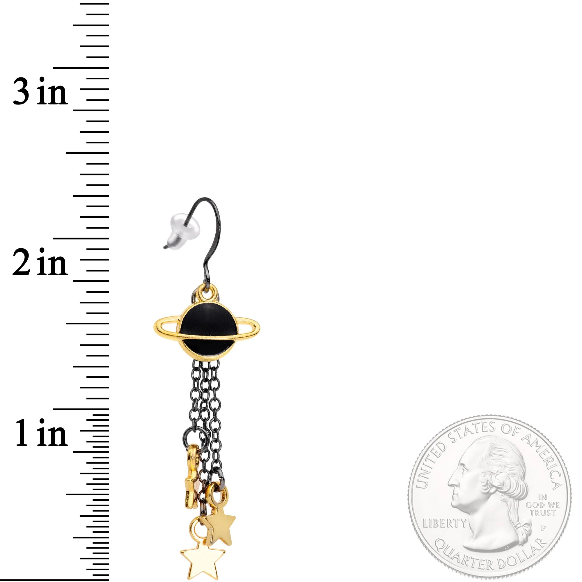 Handcrafted Black Gold Spaced Out Star Saturn Fishhook Dangle Earrings - Image 2