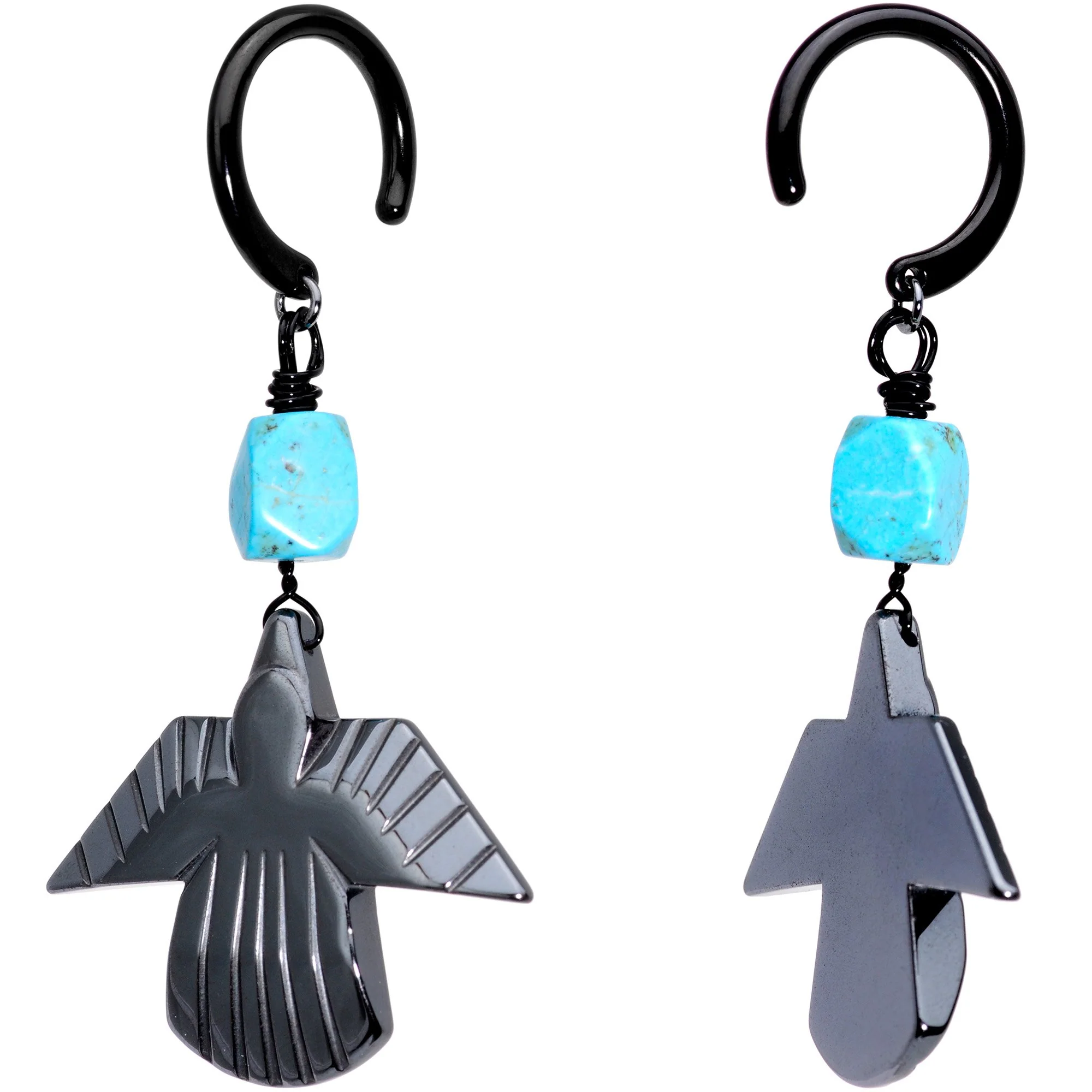 Handcrafted Black Plated Natural Turquoise Thunderbird Ear Weights - Image 2
