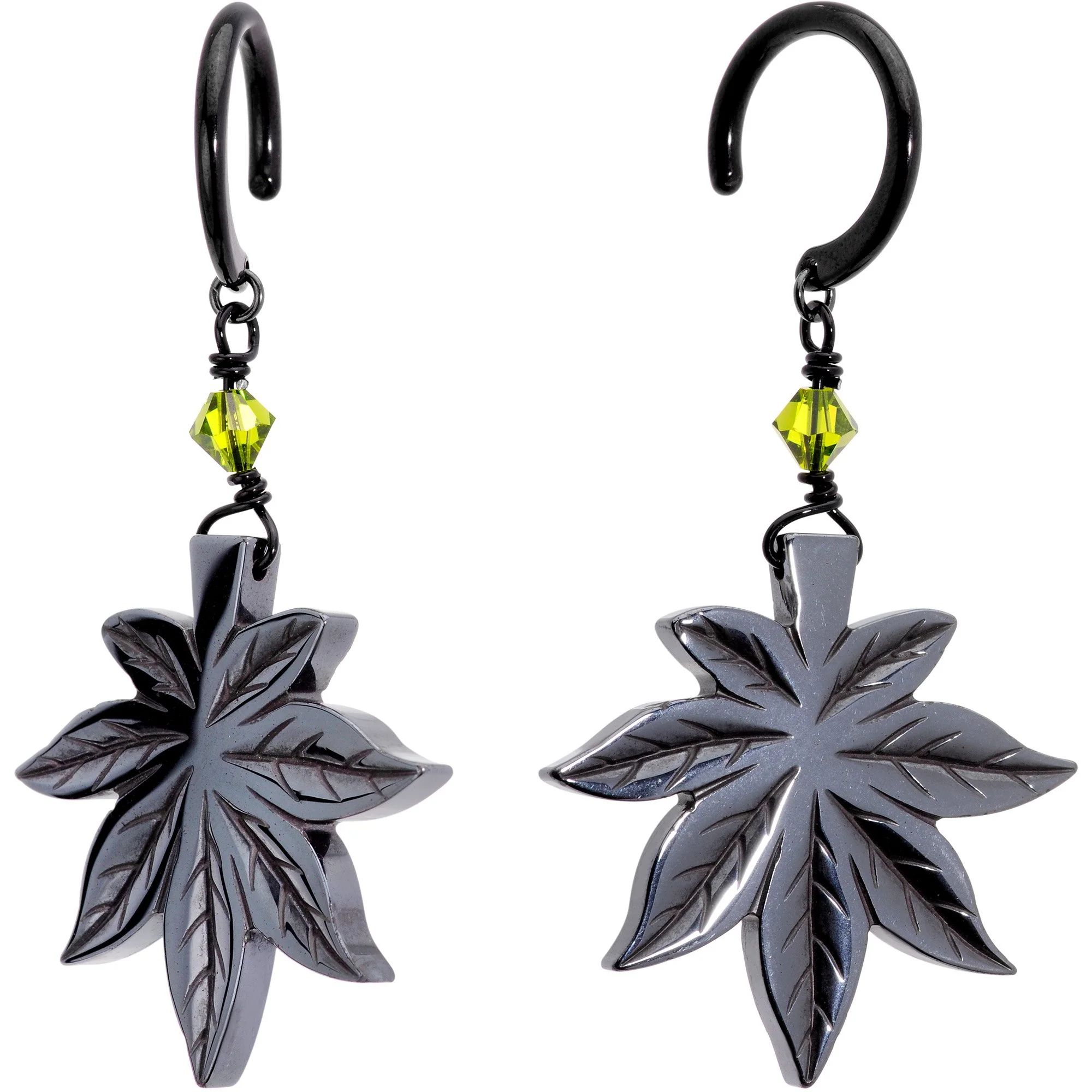 Handcrafted Black Titanium IP Natural Hematite Marijuana Ear Weights