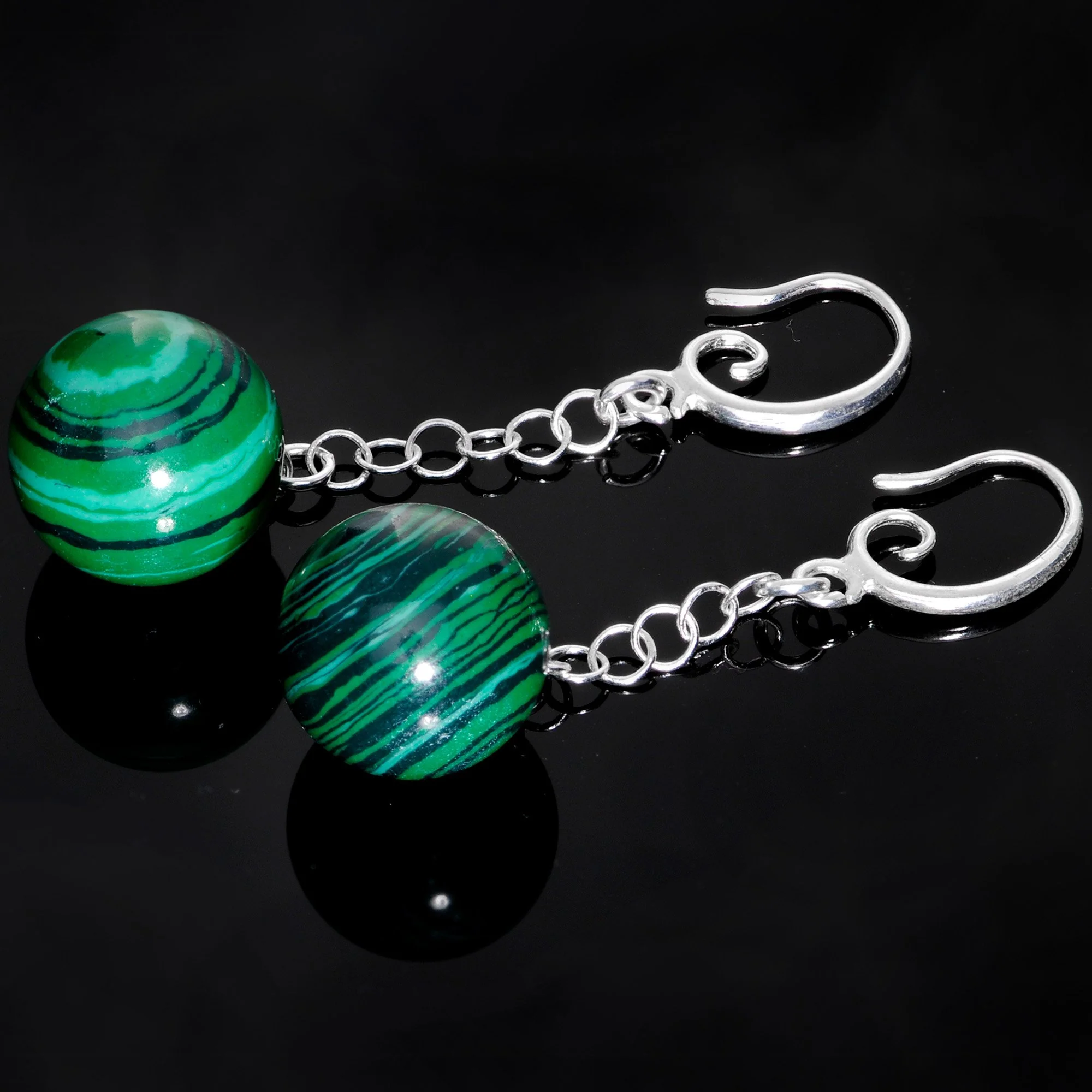Handcrafted Green Swirl Malachite Jawbreaker Dangle Fishhook Earrings - Image 2