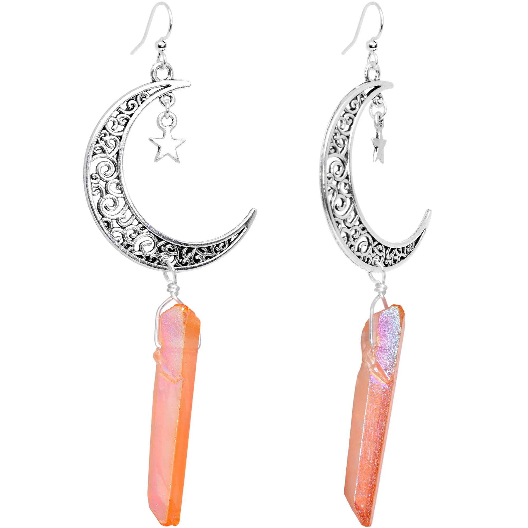 Handcrafted Quartz Cosmic Crescent Moon Fishhook Dangle Earrings - Image 2