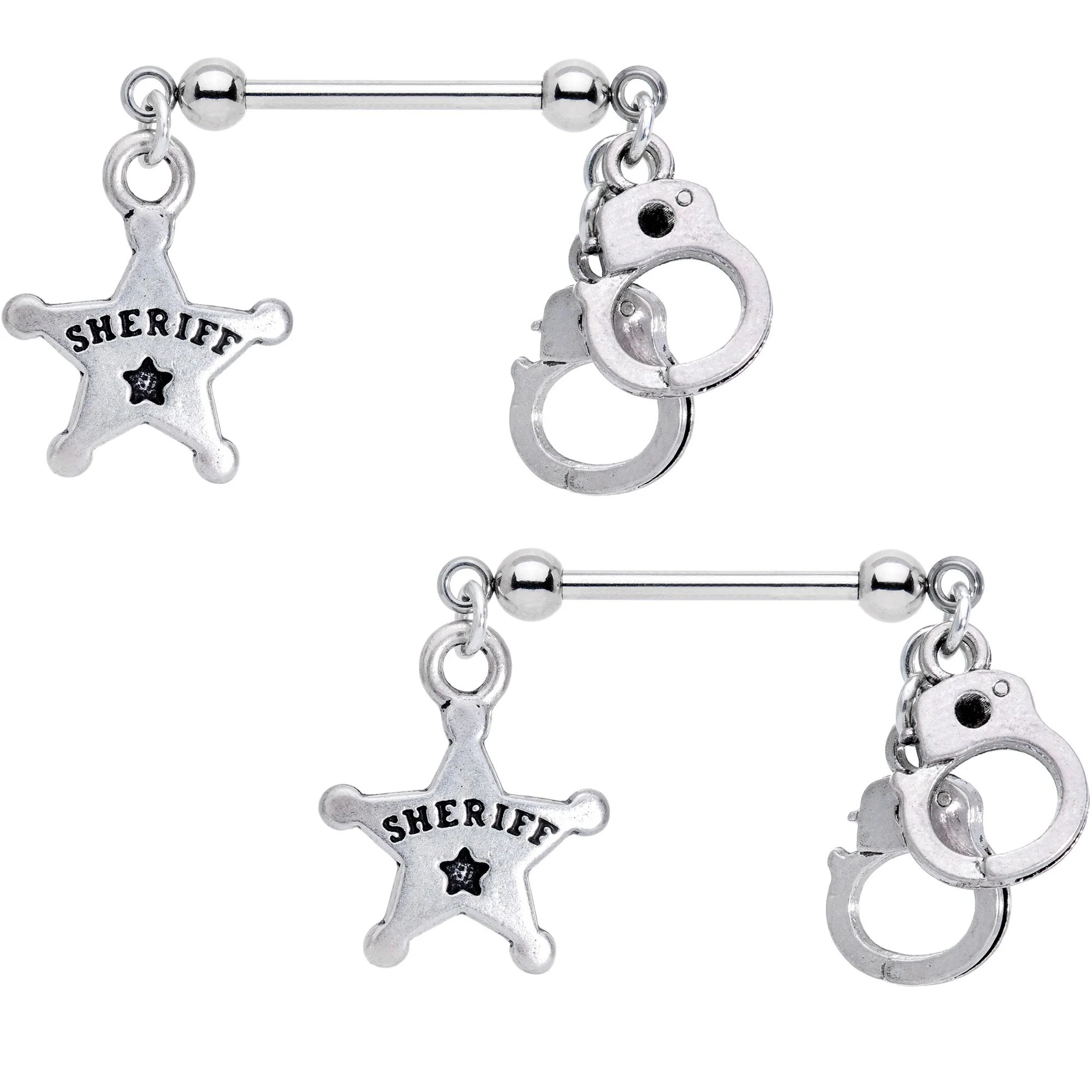 Handcrafted Sheriff Badge and Cuffs Dangle Nipple Ring Set