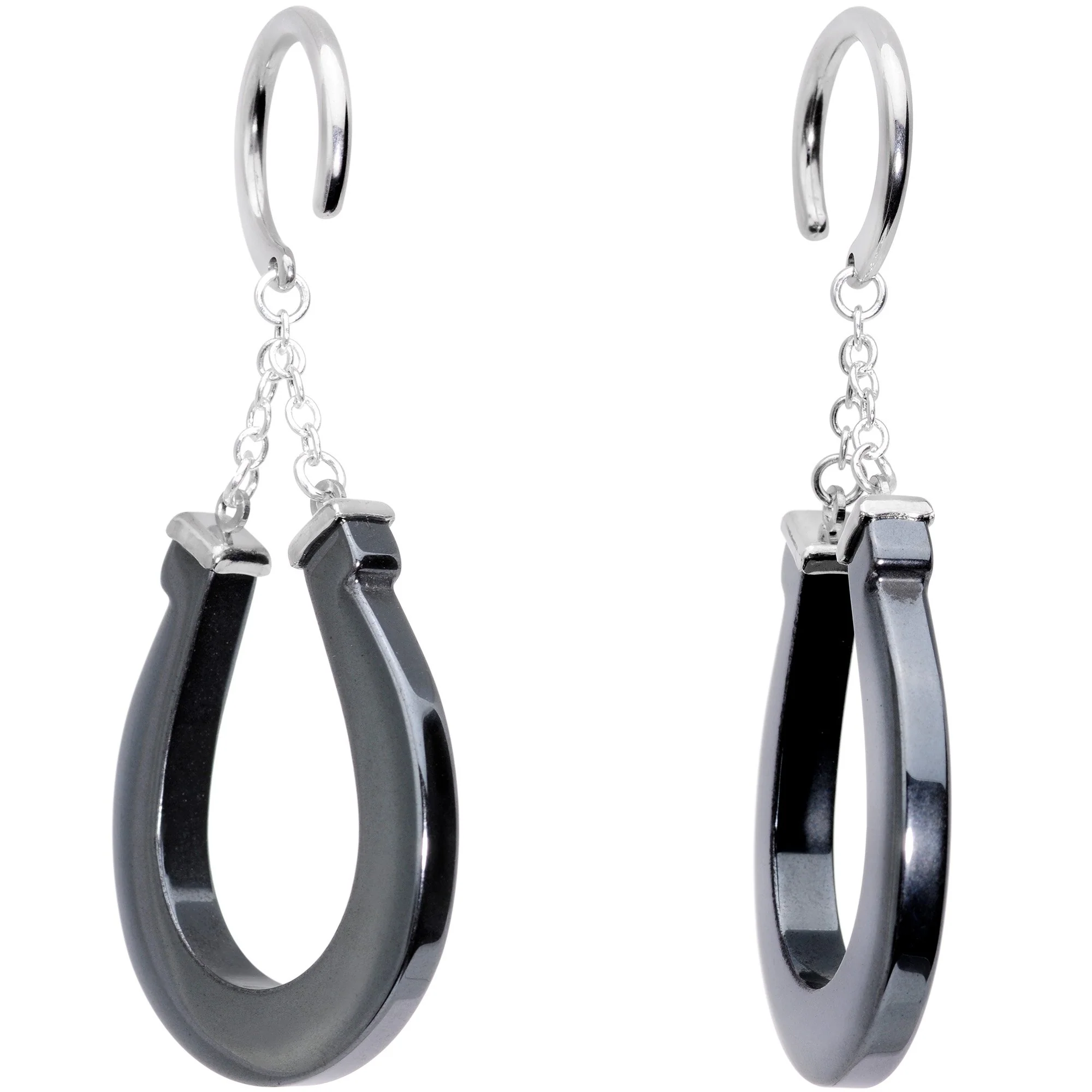 Handcrafted Steel Black Hematite Horseshoe Chain Ear Weights - Image 2