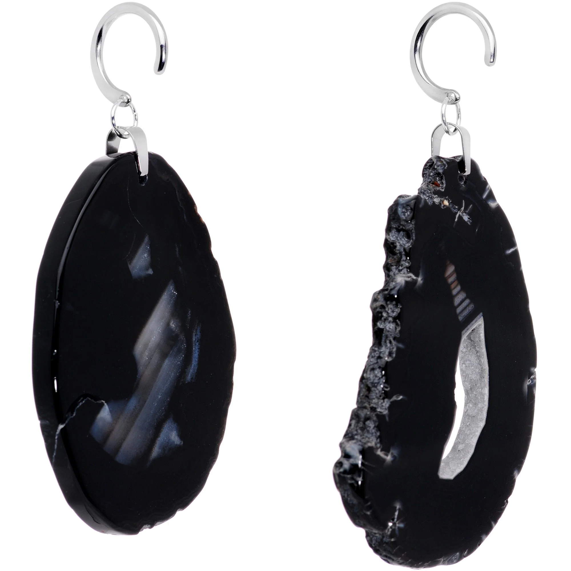 Handcrafted Steel Midnight Shadow Gap Natural Black Agate Ear Weights - Image 3