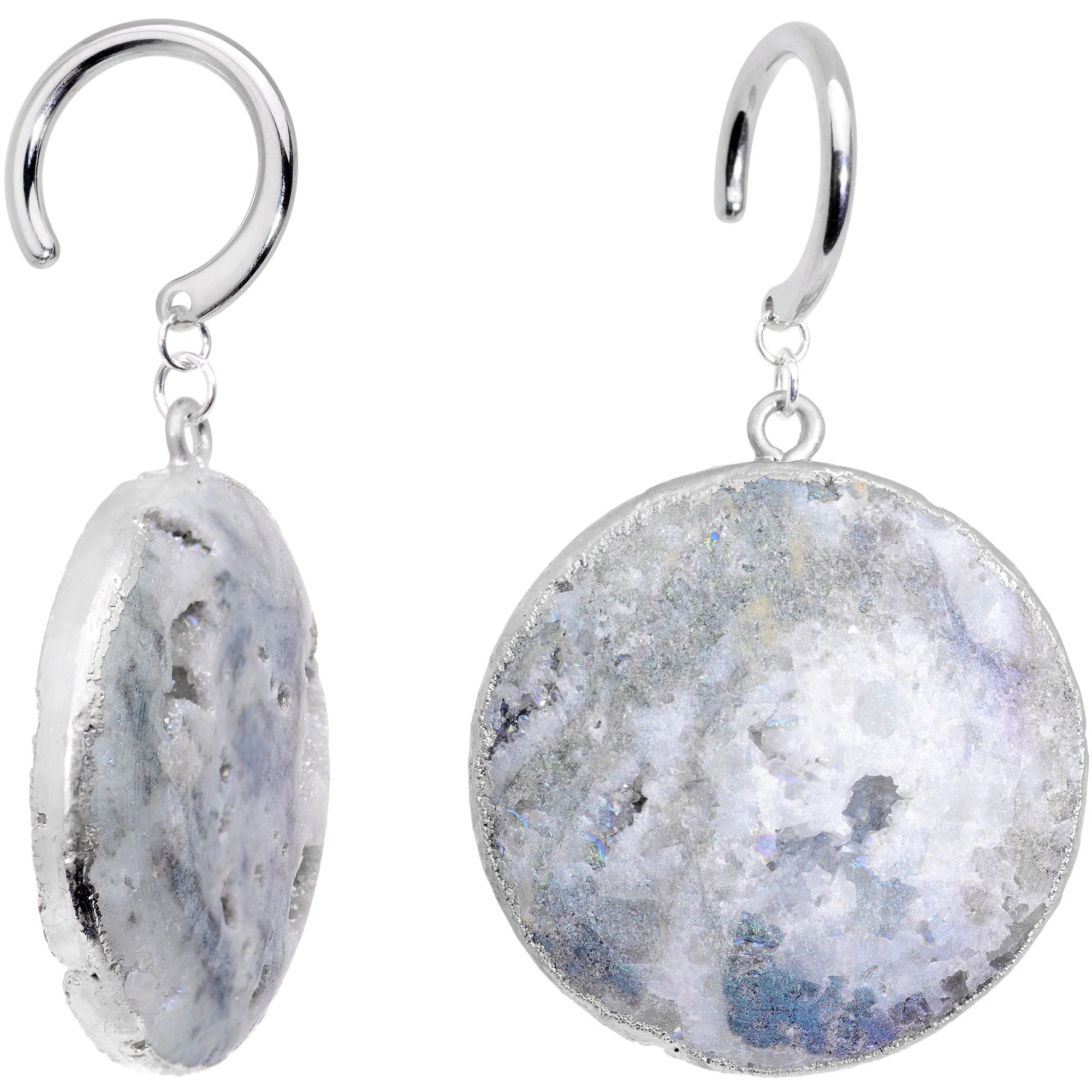 Handcrafted Steel Snowkissed White Natural Druzy Quartz Ear Weights - Image 2
