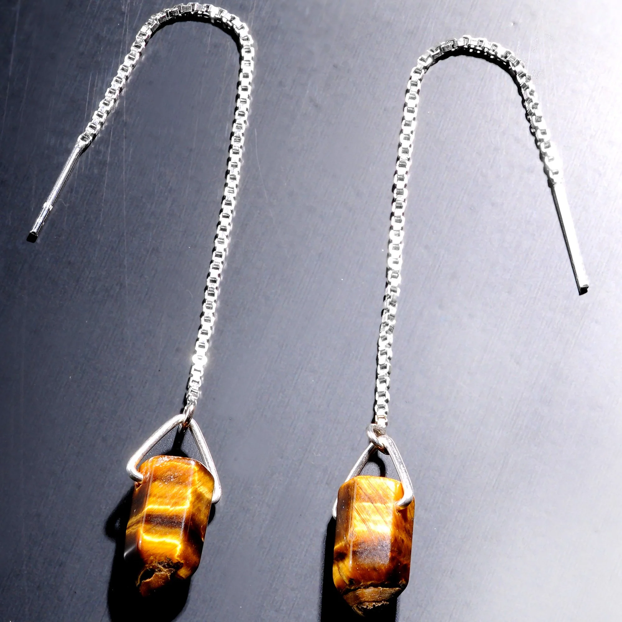 Handcrafted Tiger Eye  925 Sterling Silver Infinity Threader Earrings - Image 3