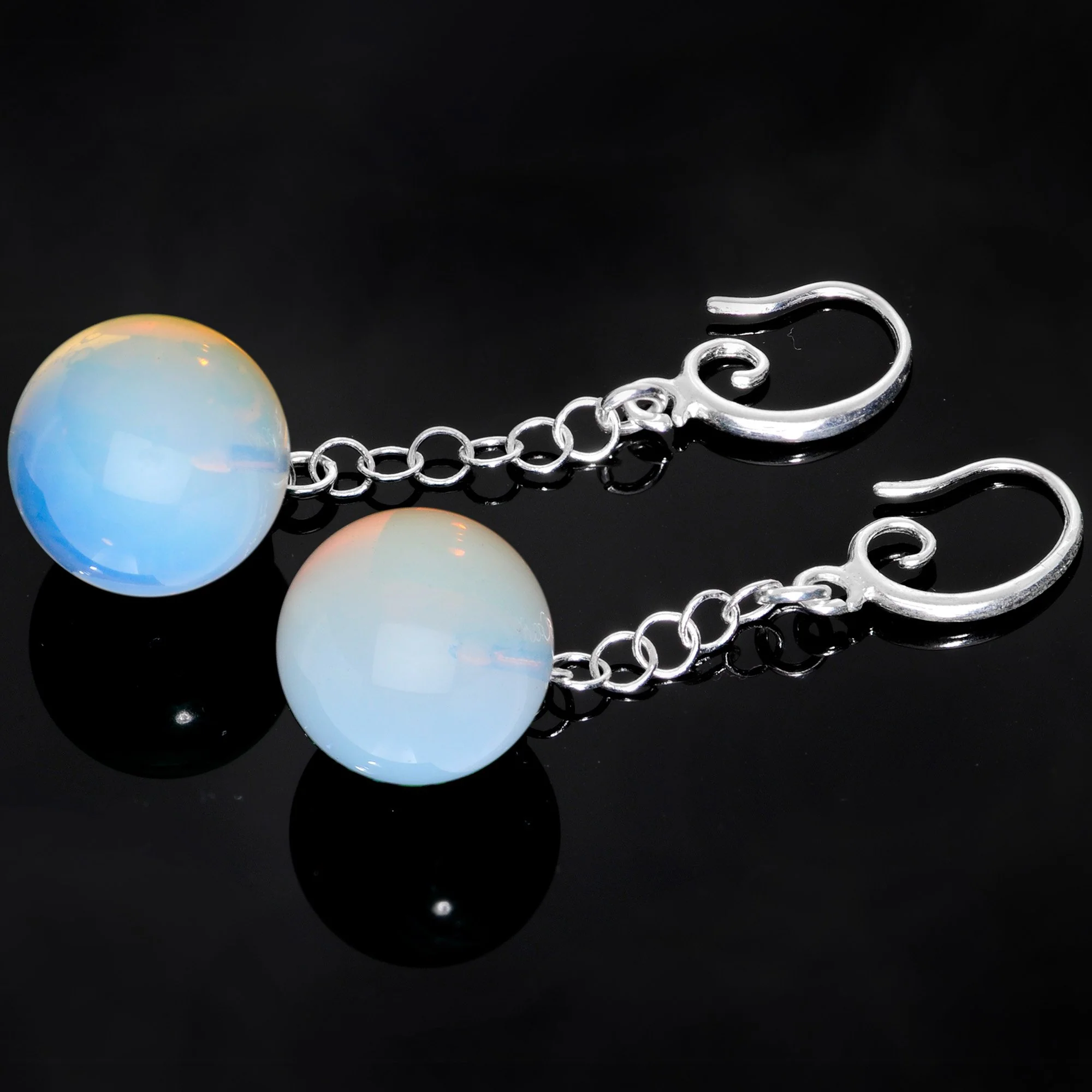Handcrafted White Opalite Jawbreaker Dangle Fishhook Earrings - Image 2