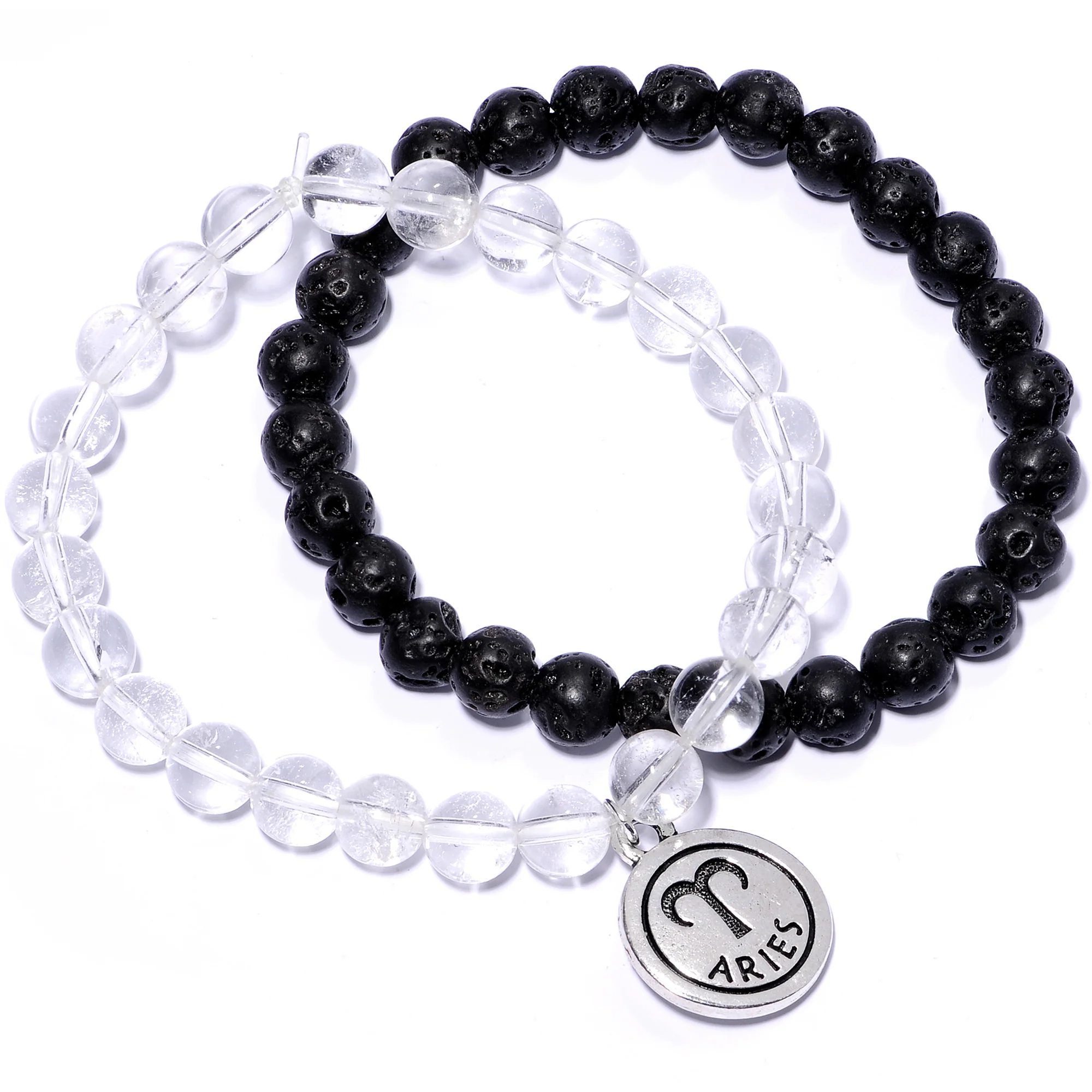 Handmade Lava Stone Clear Quartz Aries Zodiac Bracelet Set of 2 - Image 3