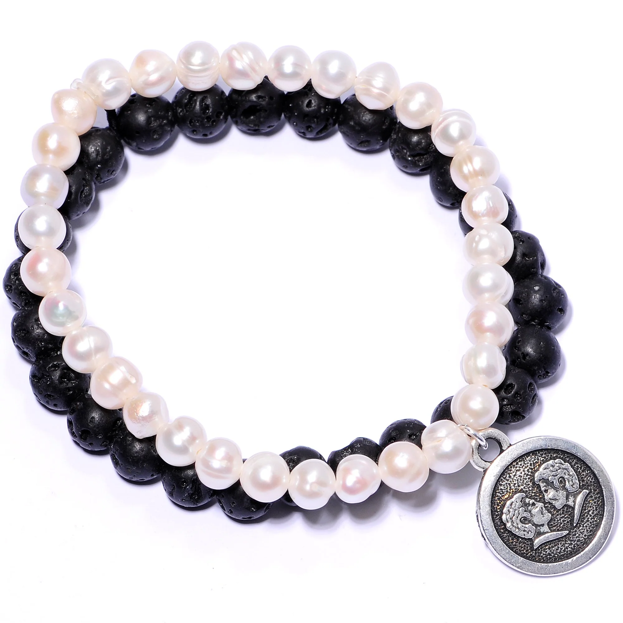 Handmade Lava Stone Freshwater Pearl Gemini Zodiac Bracelet Set of 2 - Image 3