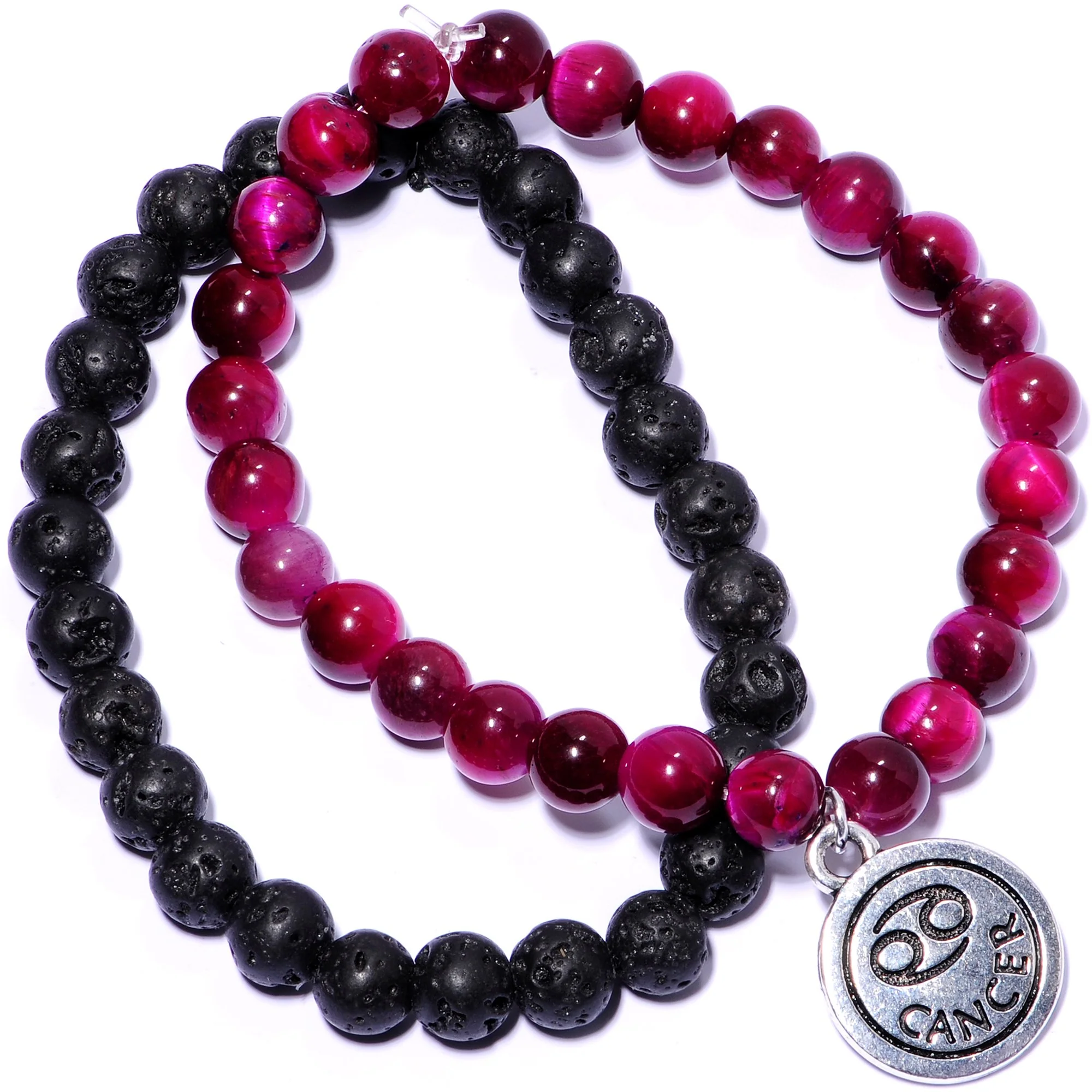 Handmade Lava Stone Fuschia Tigers Eye Cancer Zodiac Bracelet Set of 2 - Image 4