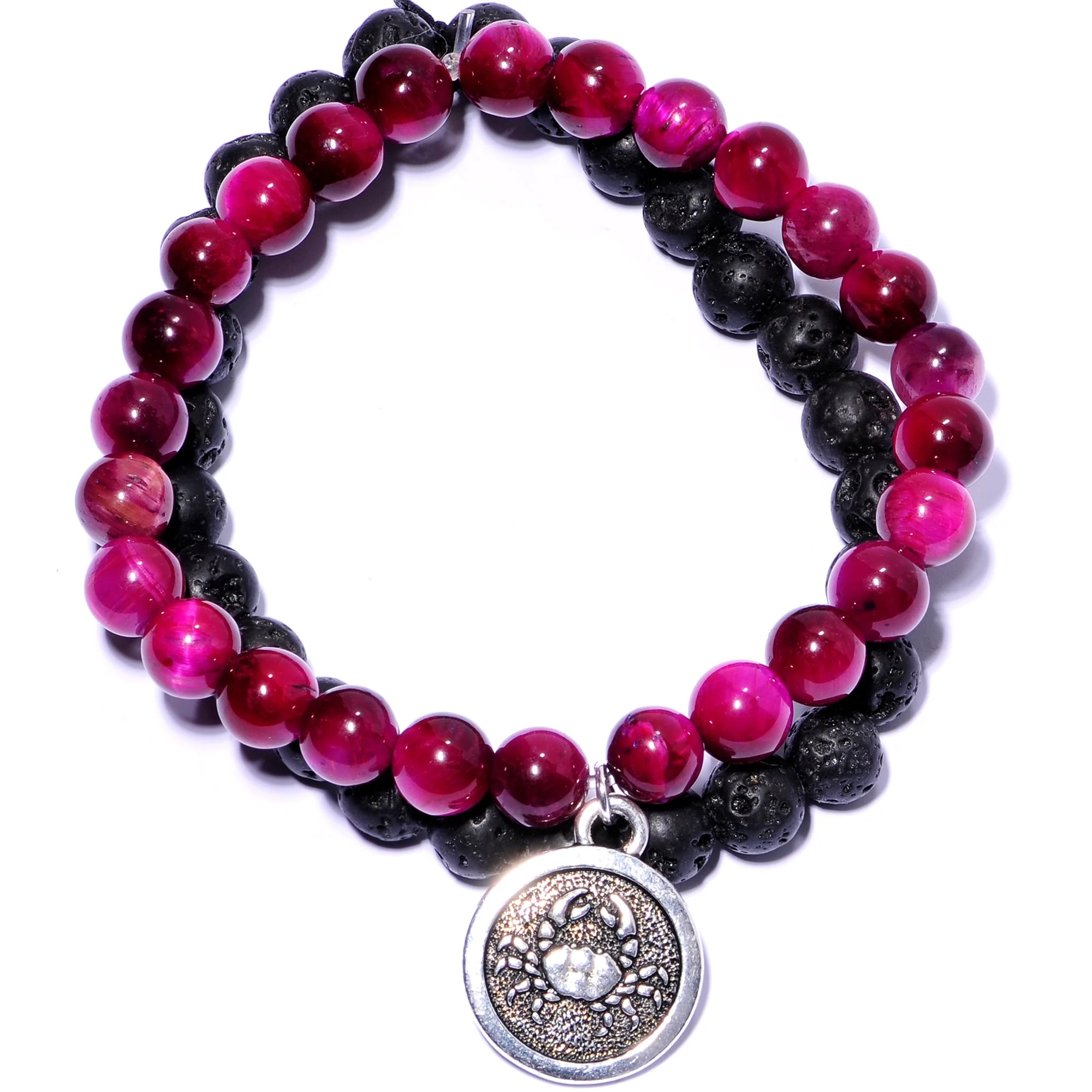 Handmade Lava Stone Fuschia Tigers Eye Cancer Zodiac Bracelet Set of 2 - Image 5