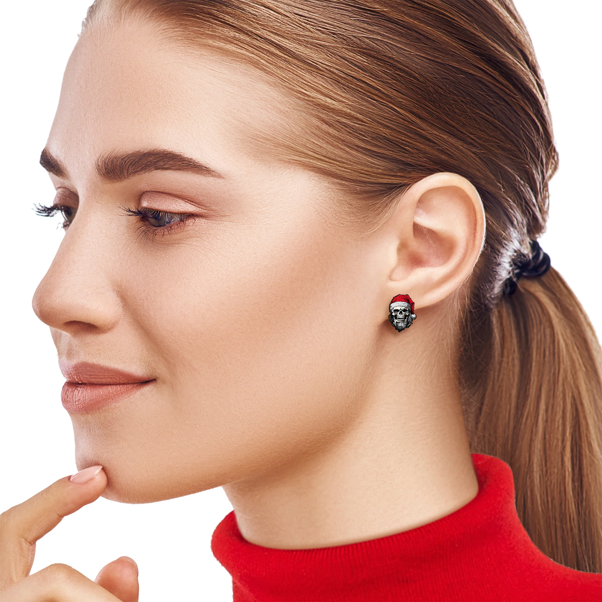 Handmade Wooden Skeleton Claus Holiday Christmas Stud Earrings by Onyx O - Image 2