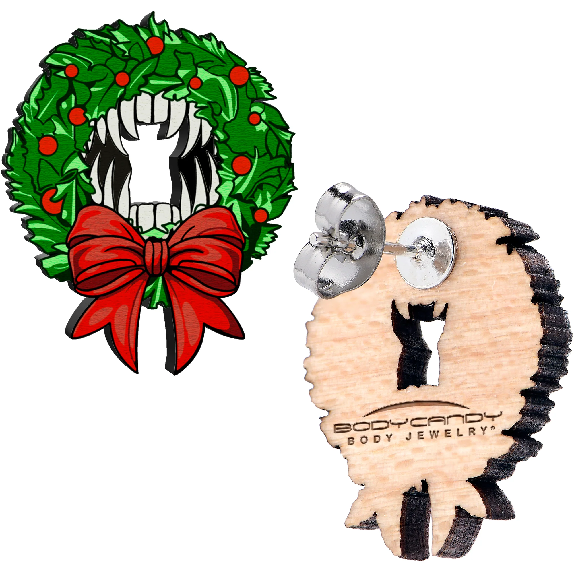 Handmade Wooden Vampire Wreath Holiday Christmas Stud Earrings by Onyx O - Image 3