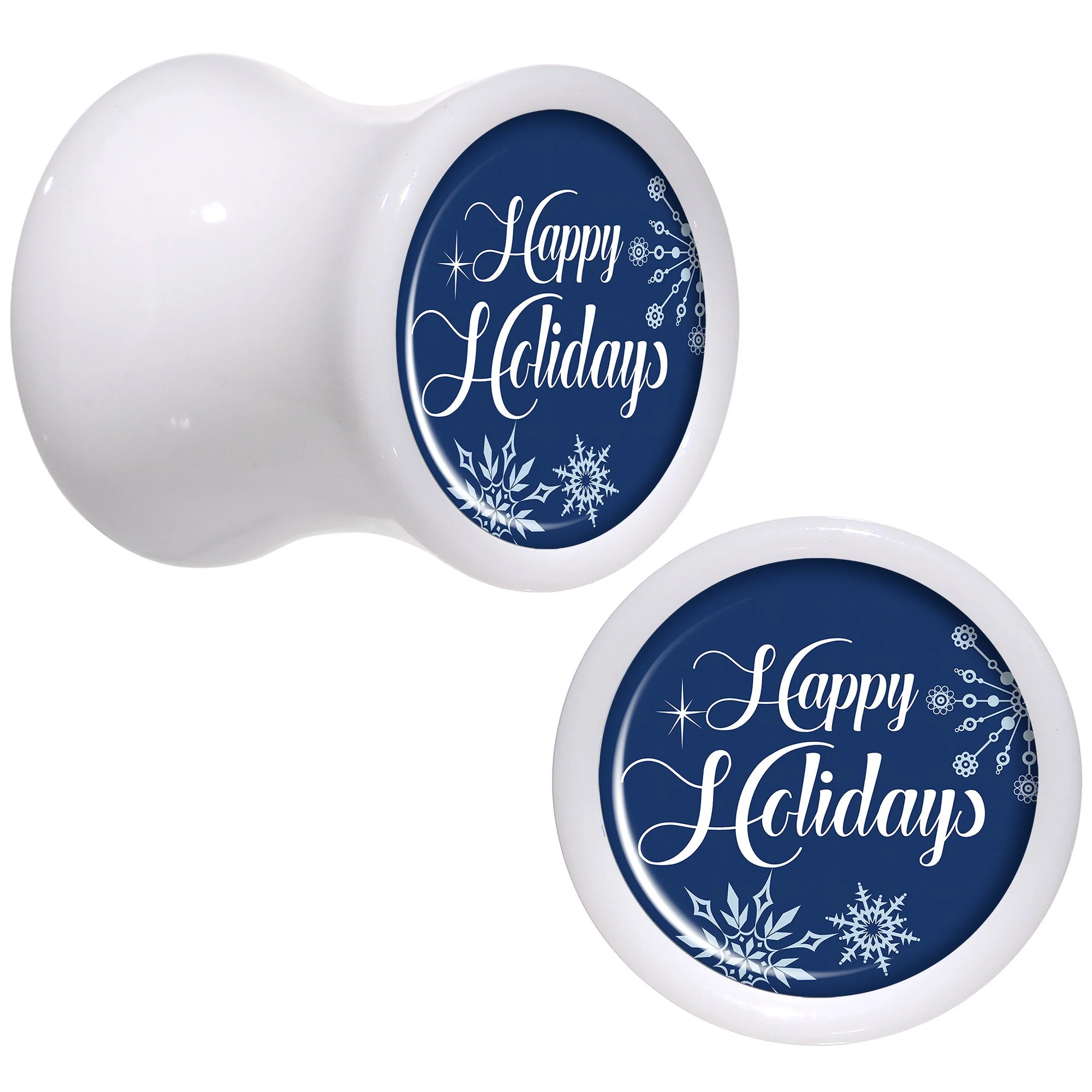 Happy Holidays Snowflake White Acrylic Saddle Plug Set Sizes 8mm to 20mm - Image 2