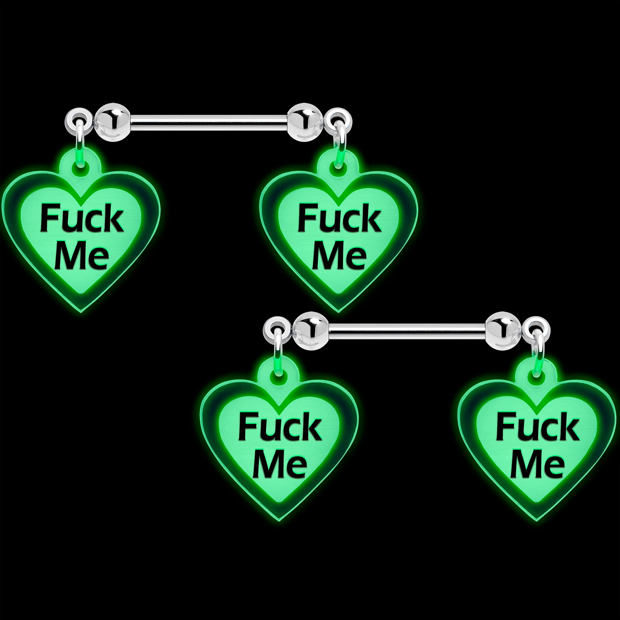 Heart Glow in the Dark F*ck Me Dangle Nipple Ring Set - Image 2