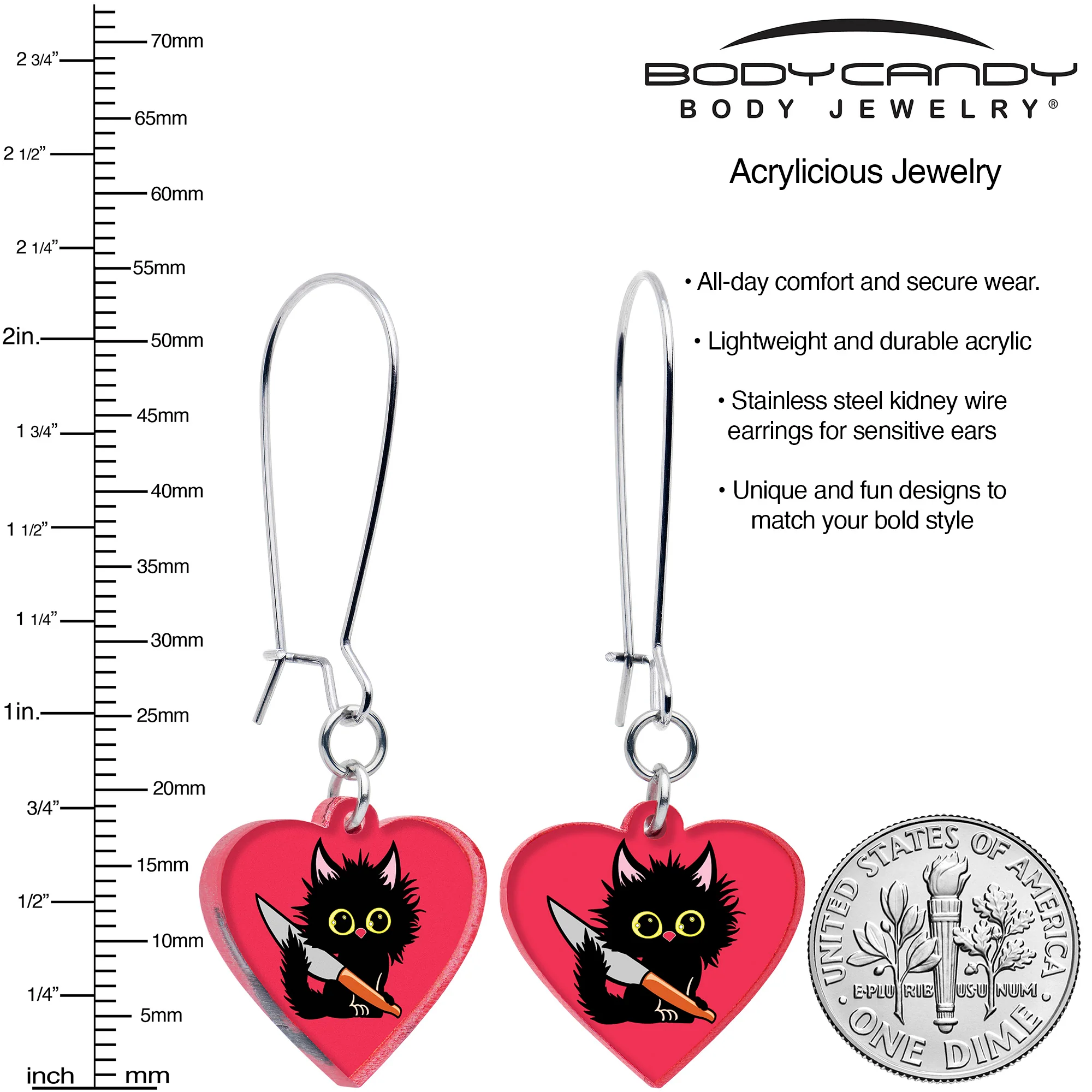 Heart Staby Cat Dangle Earrings by Onyx O - Image 2