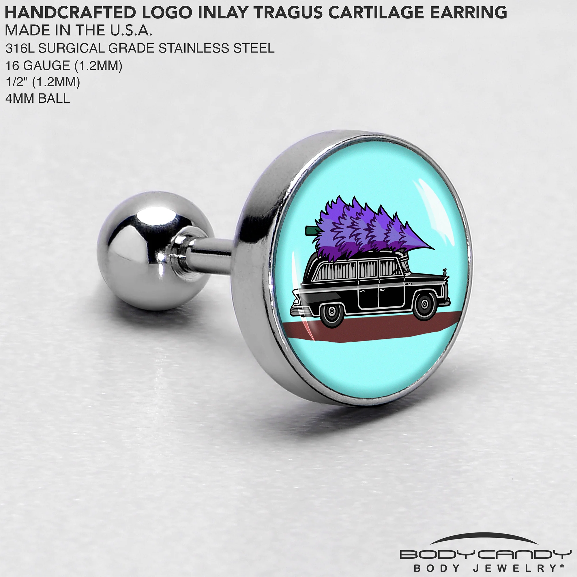 16G 1/4 Holiday Christmas Hearse Tragus Cartilage Earring by Onyx O - Image 4